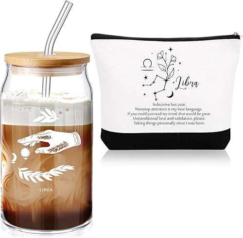 Miniatura 1 de Sliner Juego de 2 signos del zodiaco celestial de 16 onzas, regalo de cumpleaños para mujeres, vaso de vidrio con tapas, pajitas, horóscopo, letrero