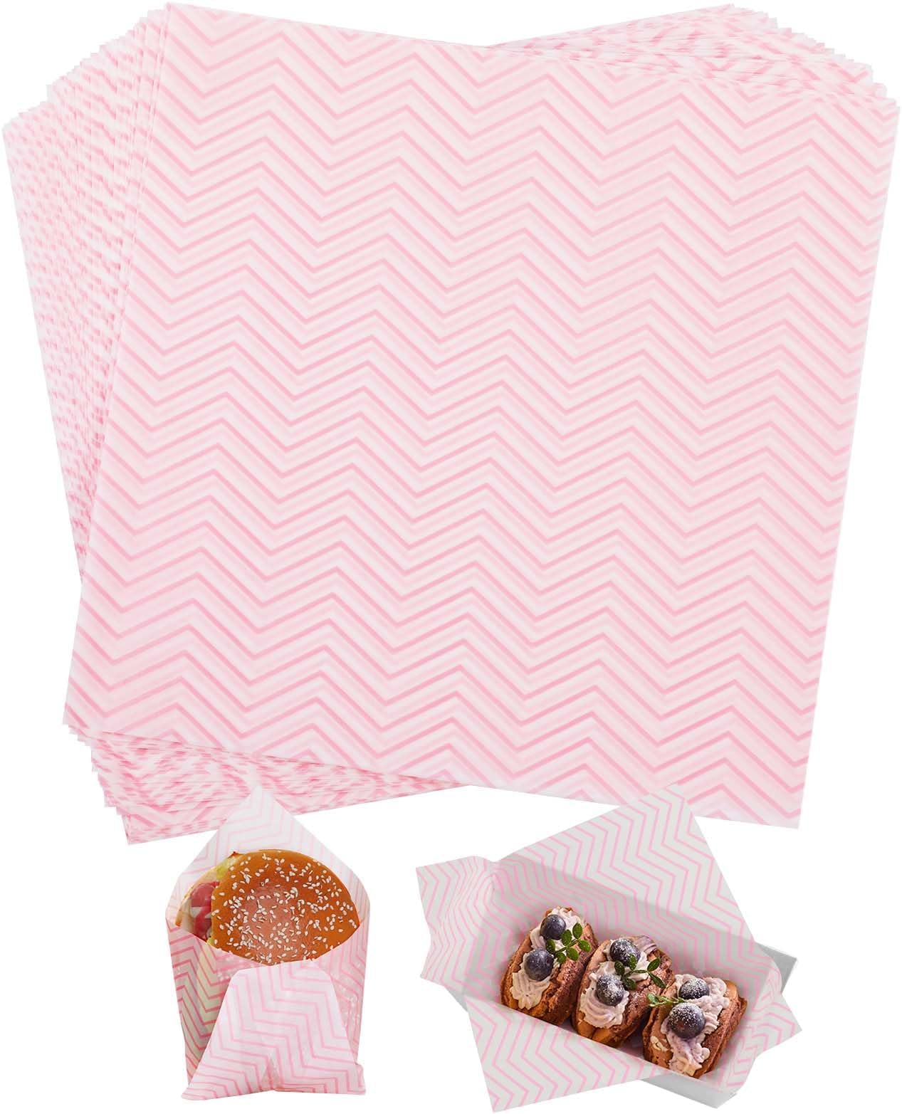 100 PCS Wavy Waxed Deli Paper Sheets 7 * 7 Inch, Food-grade Greaseproof Paper Hamburger Papers Food Basket Liners for Sandwiches, Burgers, Fries Wrapping for Party,Festival and Outdoor - Pink