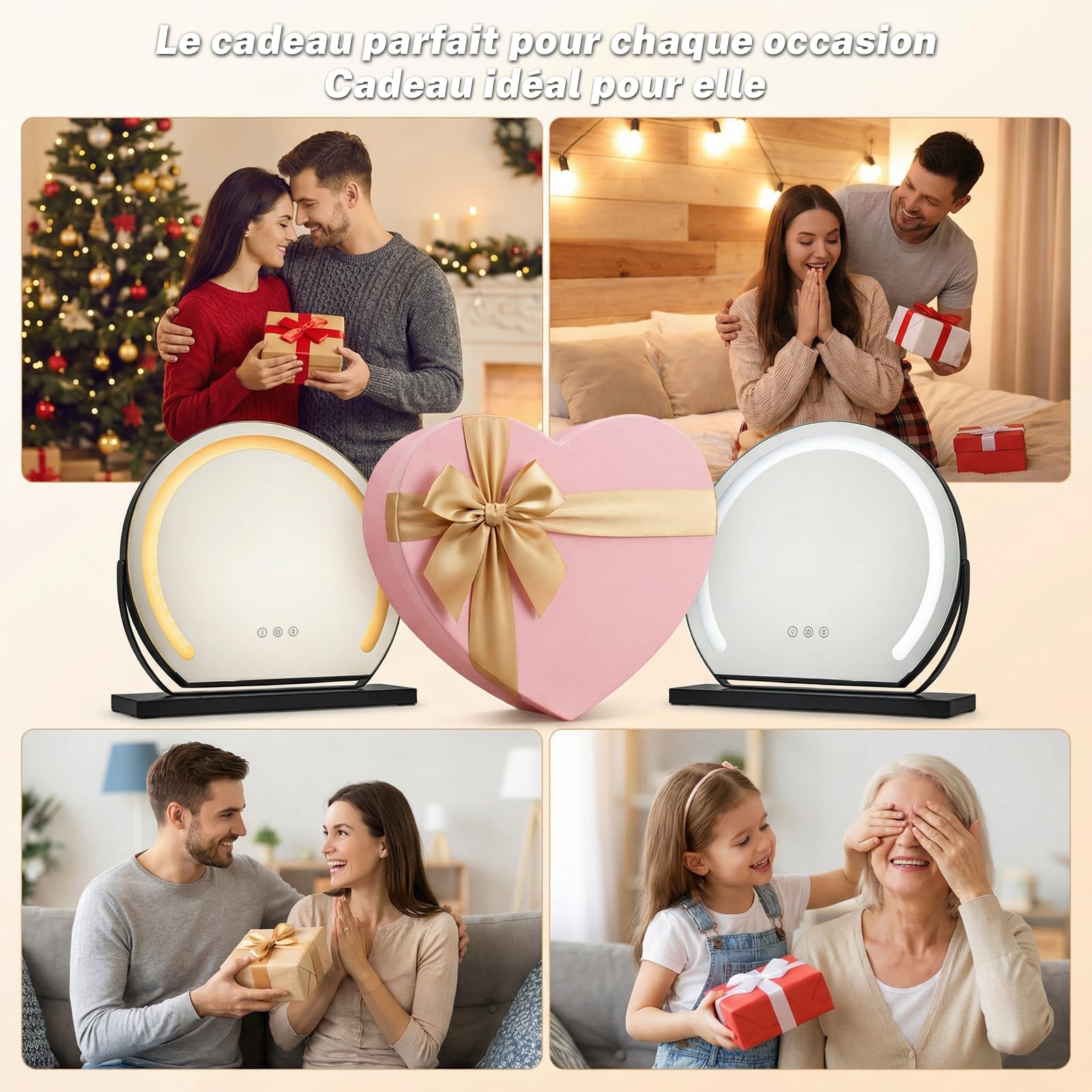 Miroir Maquillage Lumineux Rond 40cm, LED Miroir Coiffeuse cosmétique éclairé Coiffeuse, 3 températures de Couleur Touche Contrôle Tactile Luminosité Réglable Angle réglable, Plug & Play
