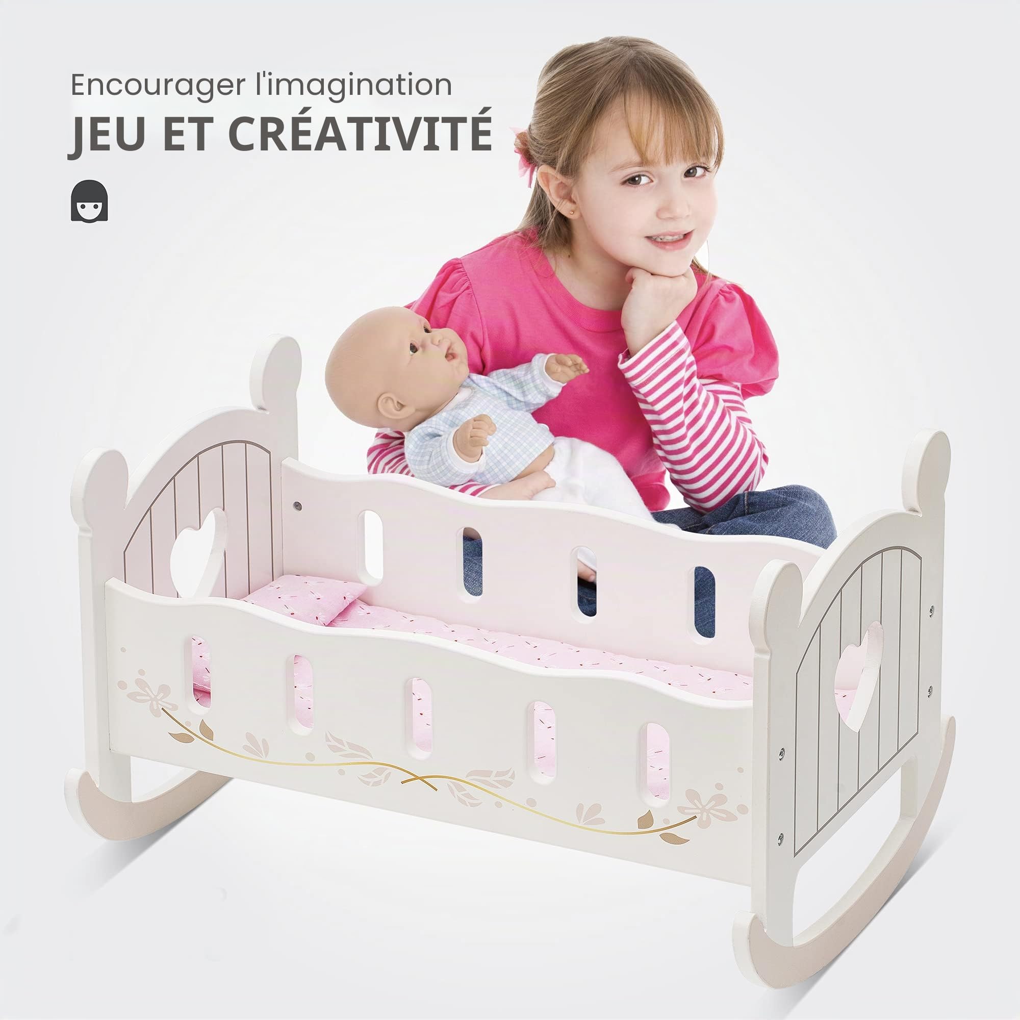 ROBUD Lit Poupon Accessoires de poupée pour bébé, Lit de poupée pour poupées de 18 Pouces, Meubles Jouets en Bois pour Les Tout-Petits, Cadeaux pour Les Filles de 3 Ans et Plus