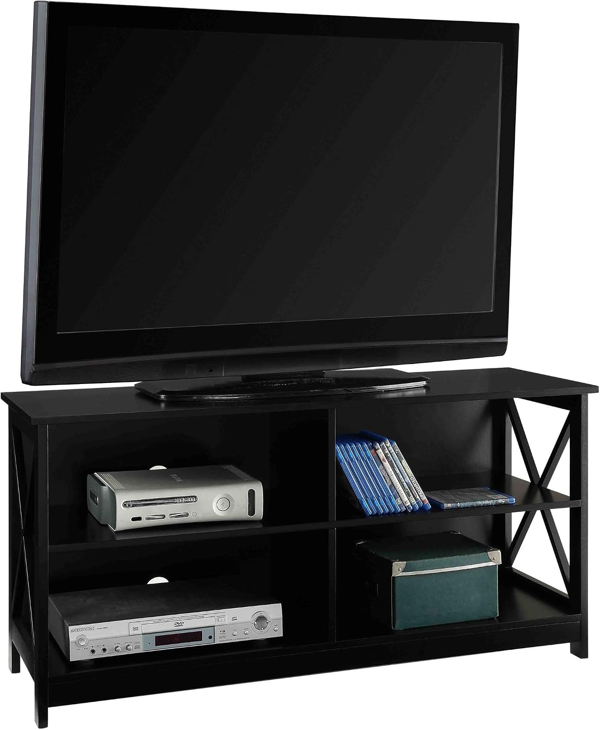 Pemberly Row Wood TV Stand, Black Finish, 47.25 x 15.75 x 24 in, 4 Open Storage Compartments, Cable Management, Modern Media Console for Living Room or Entertainment Area