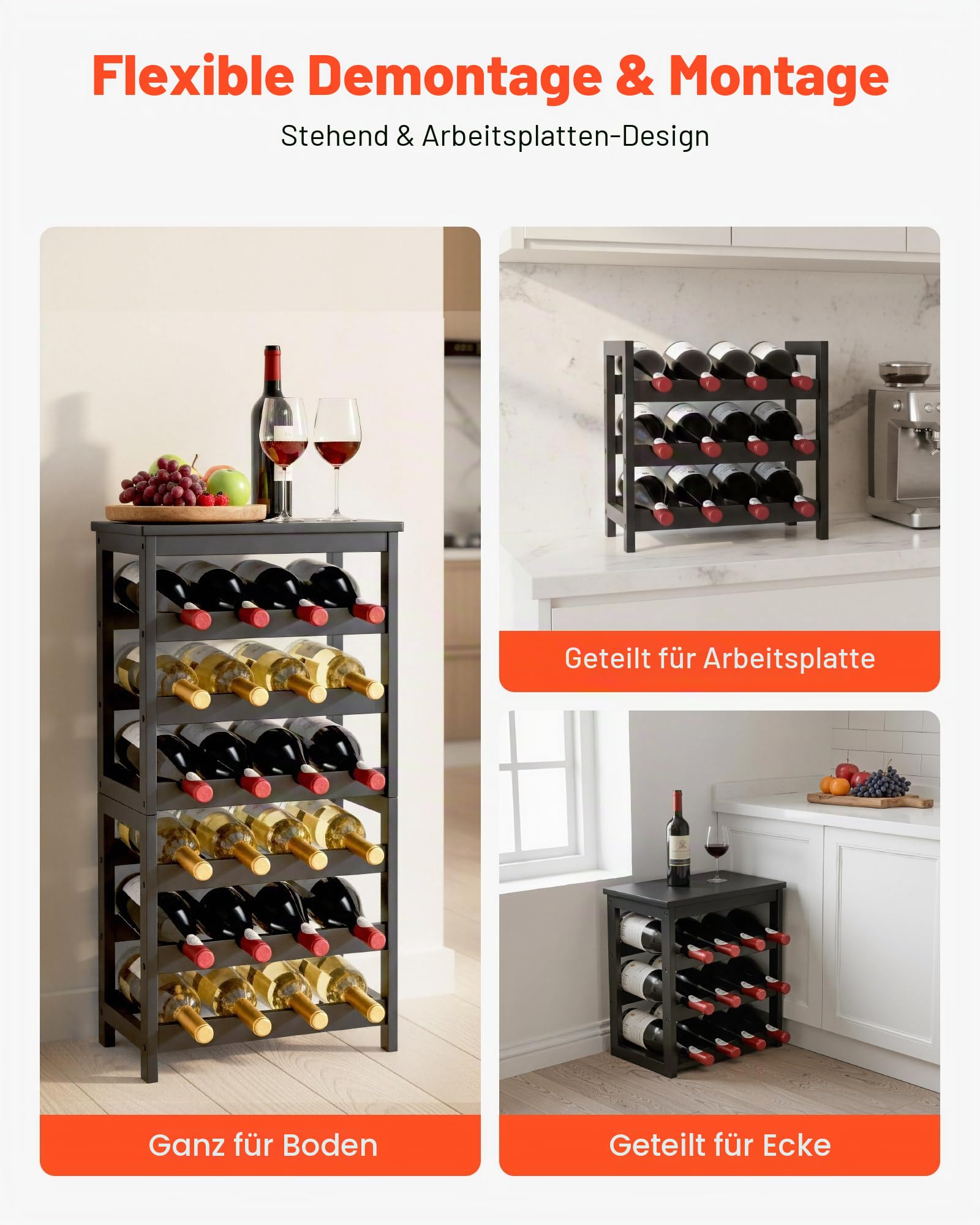 VEVOR Weinregal für 24 Flaschen, 6-stöckig, freistehendes Flaschenregal mit 36 kg Gesamtbelastbarkeit, Weinflaschenständer für Küche Keller Bar Esszimmer Wohnzimmer, Weinflaschenhalter Schwarz