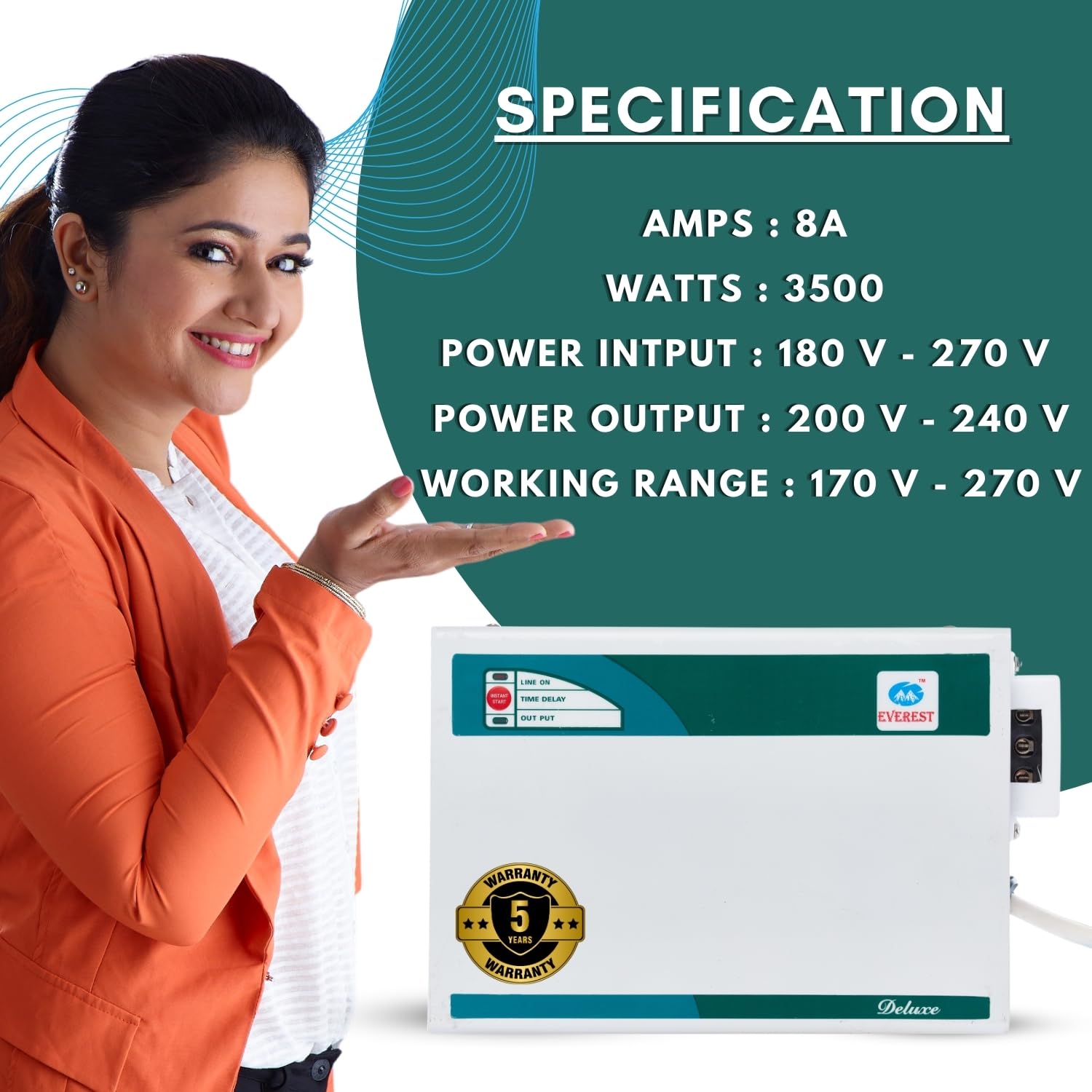 Everest EW 300 Deluxe Voltage Stabilizer Used Upto 1.5 ton AC | Convenient LED Indicator | Working Range : 170 V to 270 V | (White) 4