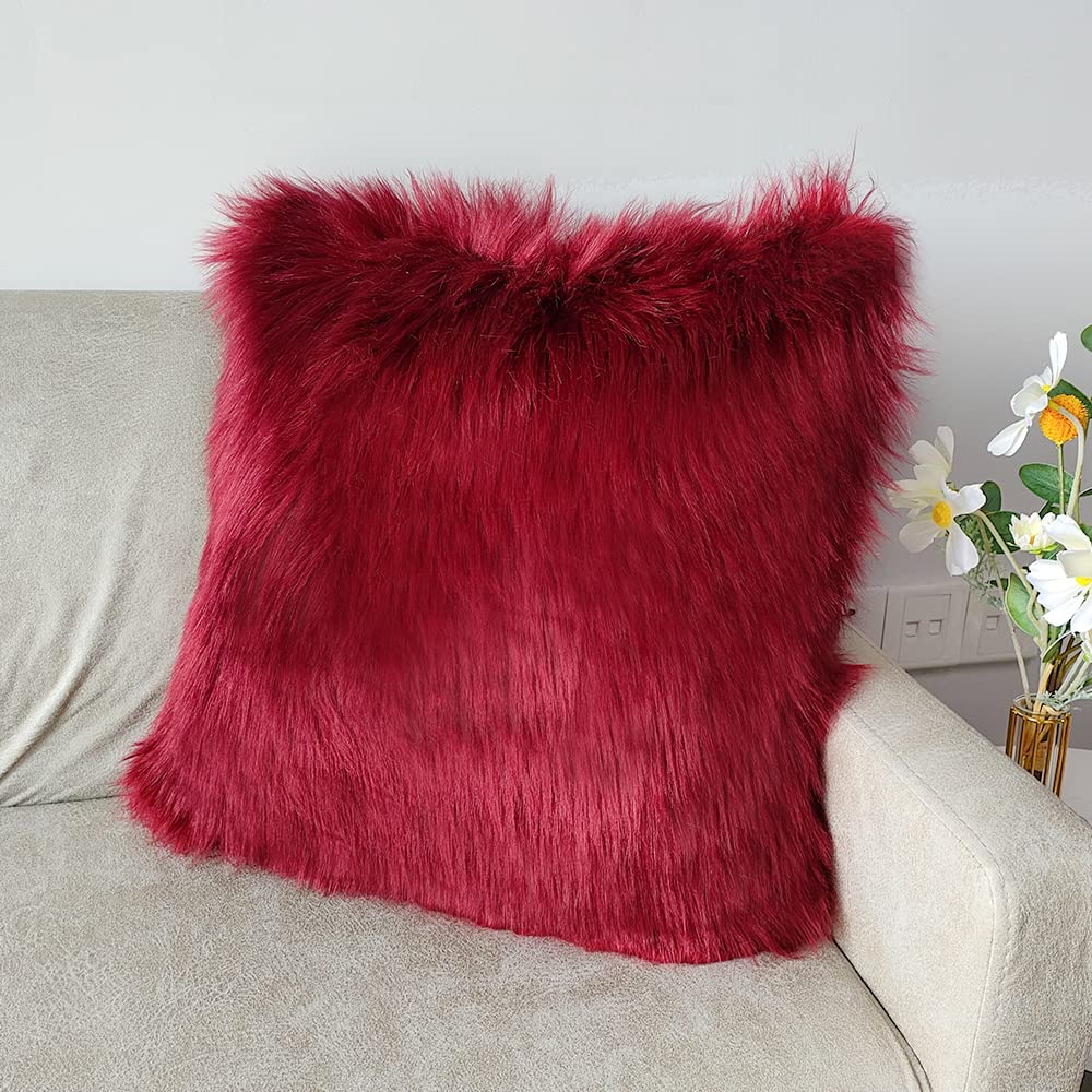 Pack Of 1 Luxury Soft Faux Fur Throw Pillow Covers 18x18 inch/ 45 x45 Decorative Shaggy Fluffy Plush Cushion Case Burgundy Red Maroon Pillowcase for Farmhouse Sofa Couch Bed Car
