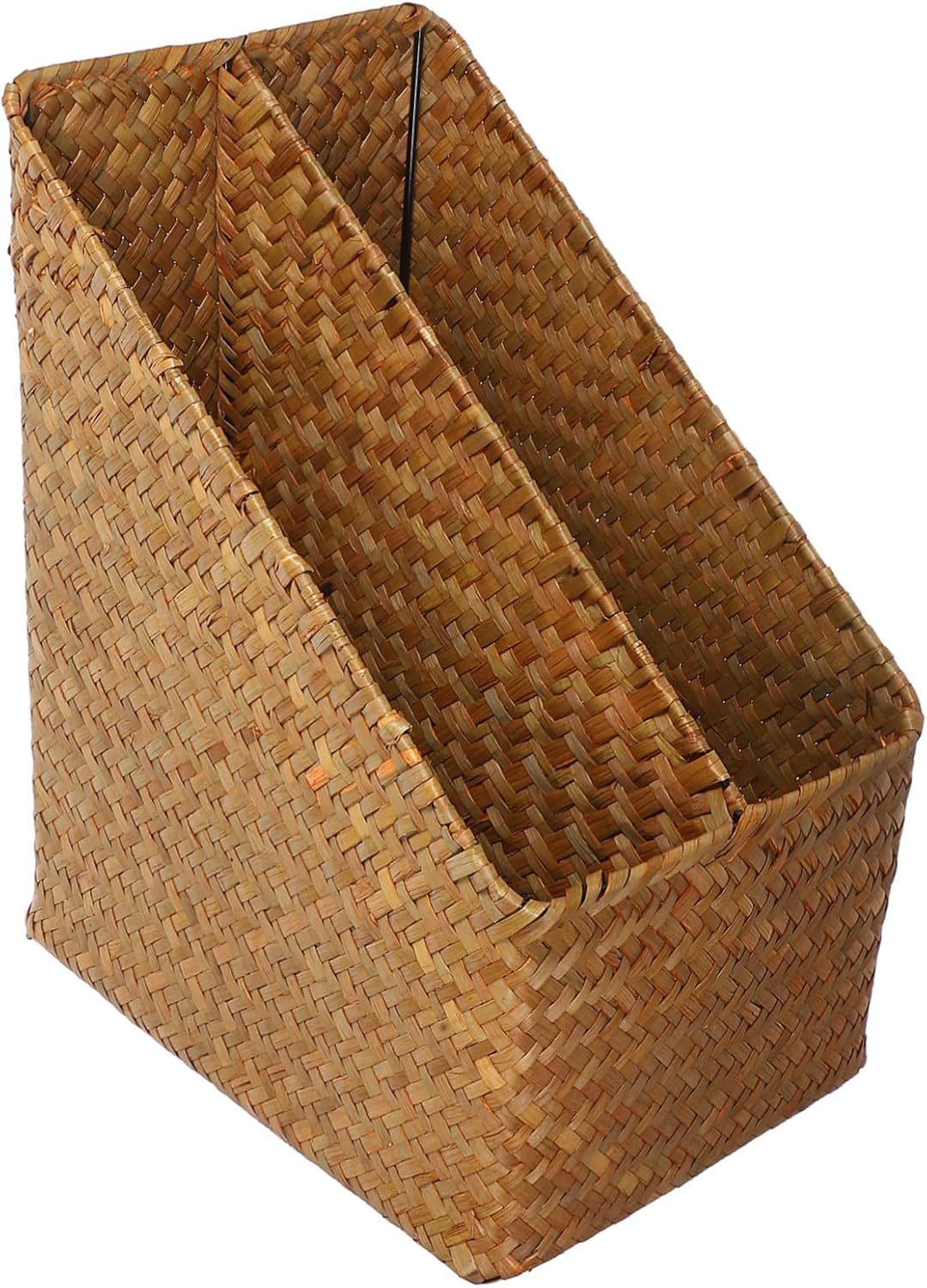 Desktop Storage Basket with Lid, Straw Woven Rustic Organizer for Books