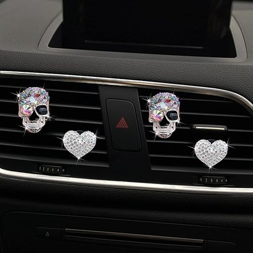Miniatura 3 de Clips de ventilación de calavera y corazón, 4 piezas de ambientadores de coche de calavera de cristal, clips de ventilación para difusor de