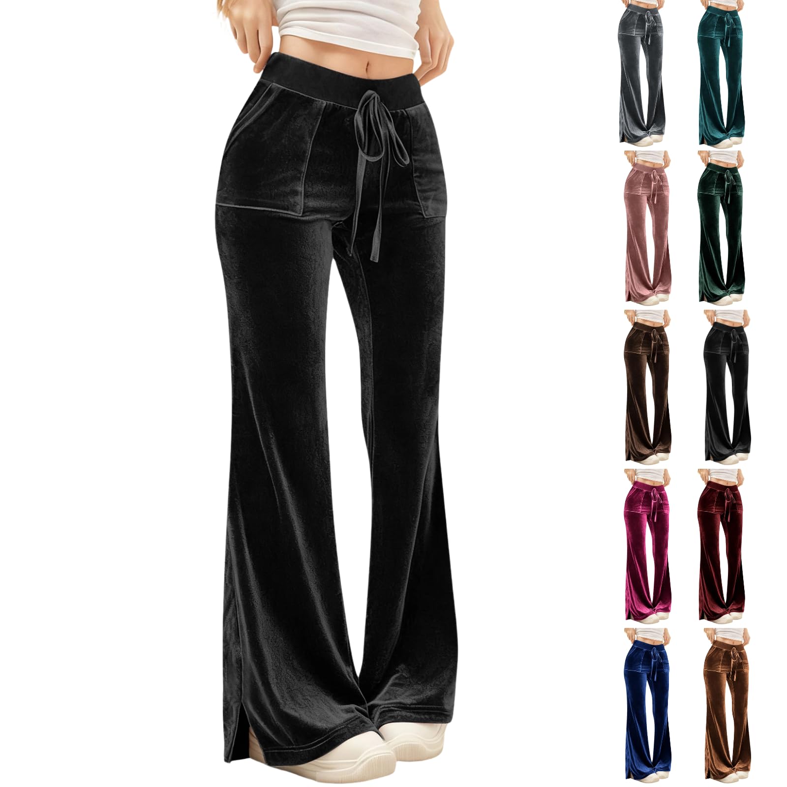 Velvet Pants for Women Causal Wide Leg Flare Sweatpants Winter High Waisted Drawstring Trousers with Pockets