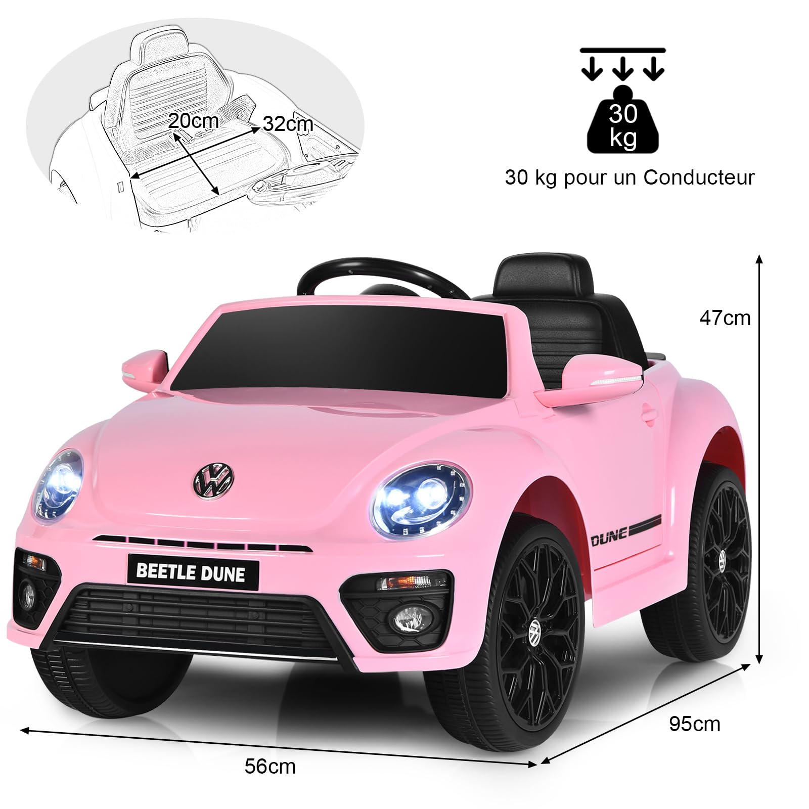 COSTWAY Volkswagen Beetle Voiture Électrique 12V Enfants avec Télécommande 2,4G, Véhicule Electrique avec Lumières & Musique, Démarrage Lent, Charge 30kg pour Enfants de 3-8 Ans (Rose)