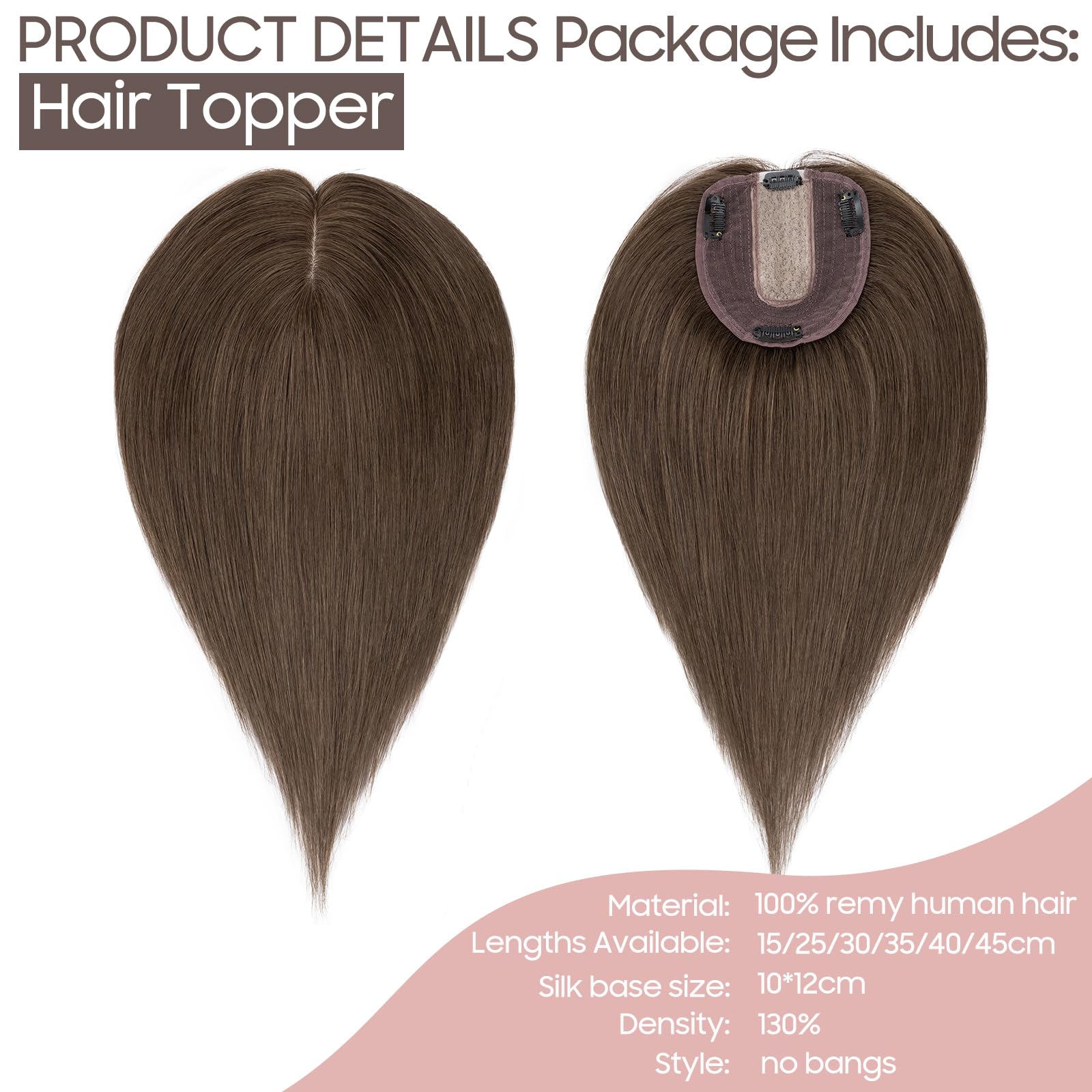 Silk-co 16inch Hair Topper for Thinning Hair Women Clip in Real Remy Human Hair Extensions Top Piece Base Size 10 * 12cm Silk+Lace Base (#02 Dark Brown) - Image 4