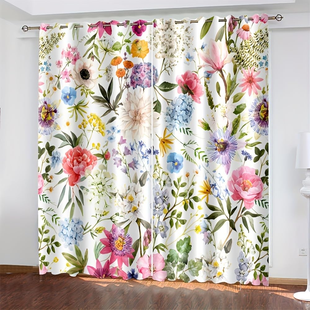 Botanical Flower Bedroom Window Curtains Spring Summer Boho Eyelet Curtain Living Room Decor Panorama Pattern Blackout Decorative Window Treatments for Kids Teens Adult, W29.5" x L65.3" x 2 Panels