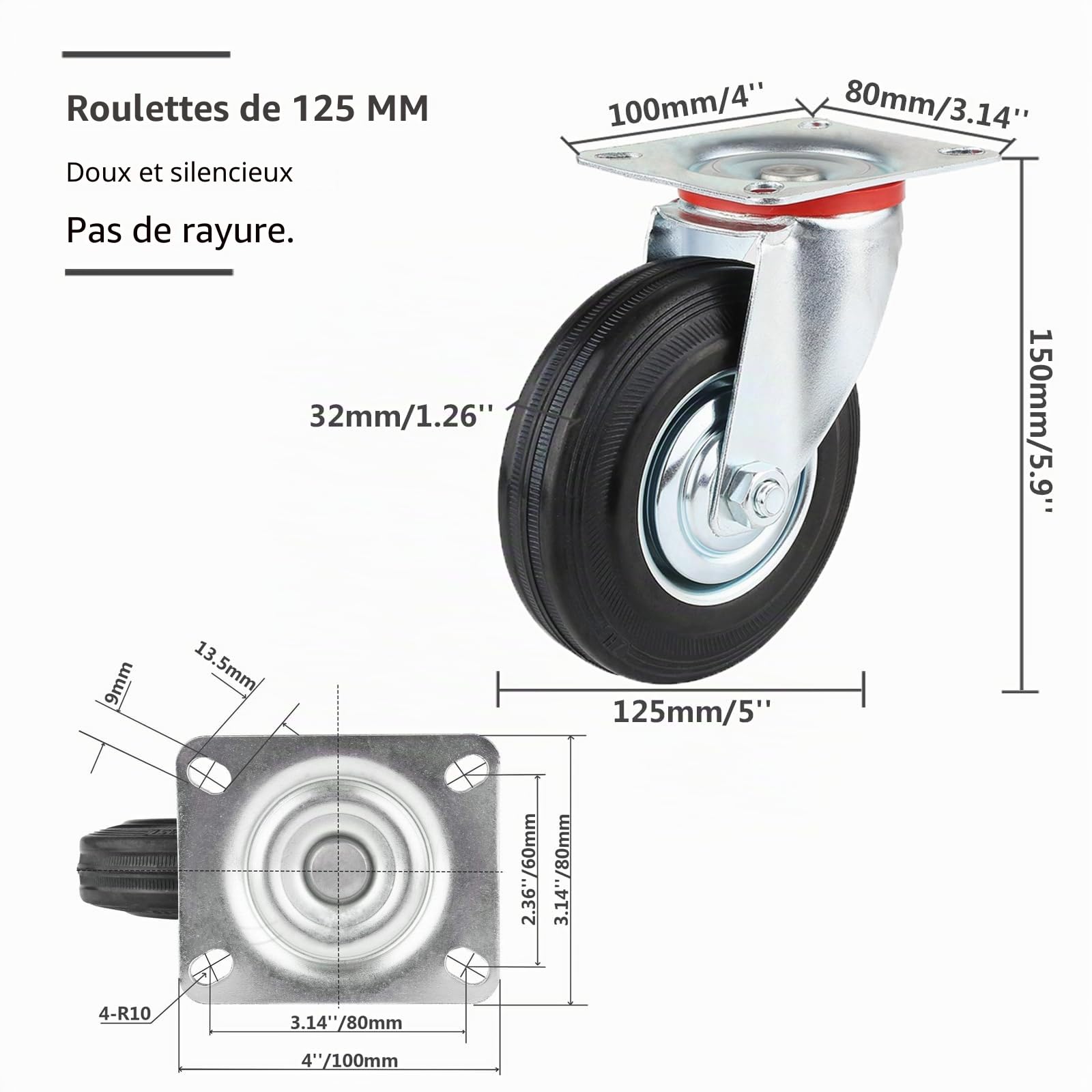 Roulettes Pivotantes pour Charges Lourdes 125 mm, Lot de 4 Roulettes pour Meubles avec Frein jusqu'à 400 kg, Roue en Caoutchouc Roues Industrielles Pivotante à 360°(2 Roues + 2 Roues frein)