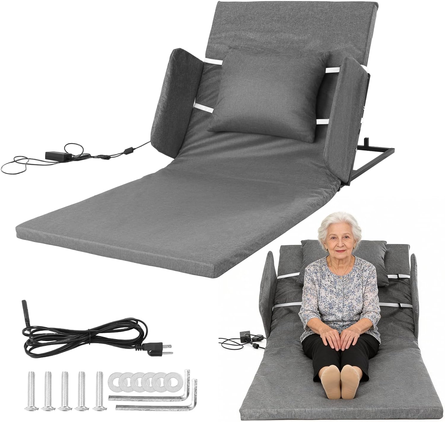 Electric Bed Lifting to Get Up Bed Assistant to Get Out of Beds Silent Lift 2° - 80° Adjustable Beds Rest Help The Elderly Patients Gets Up Easily, Load Max 330 lbs, with Guardrails,75 X 32 inch