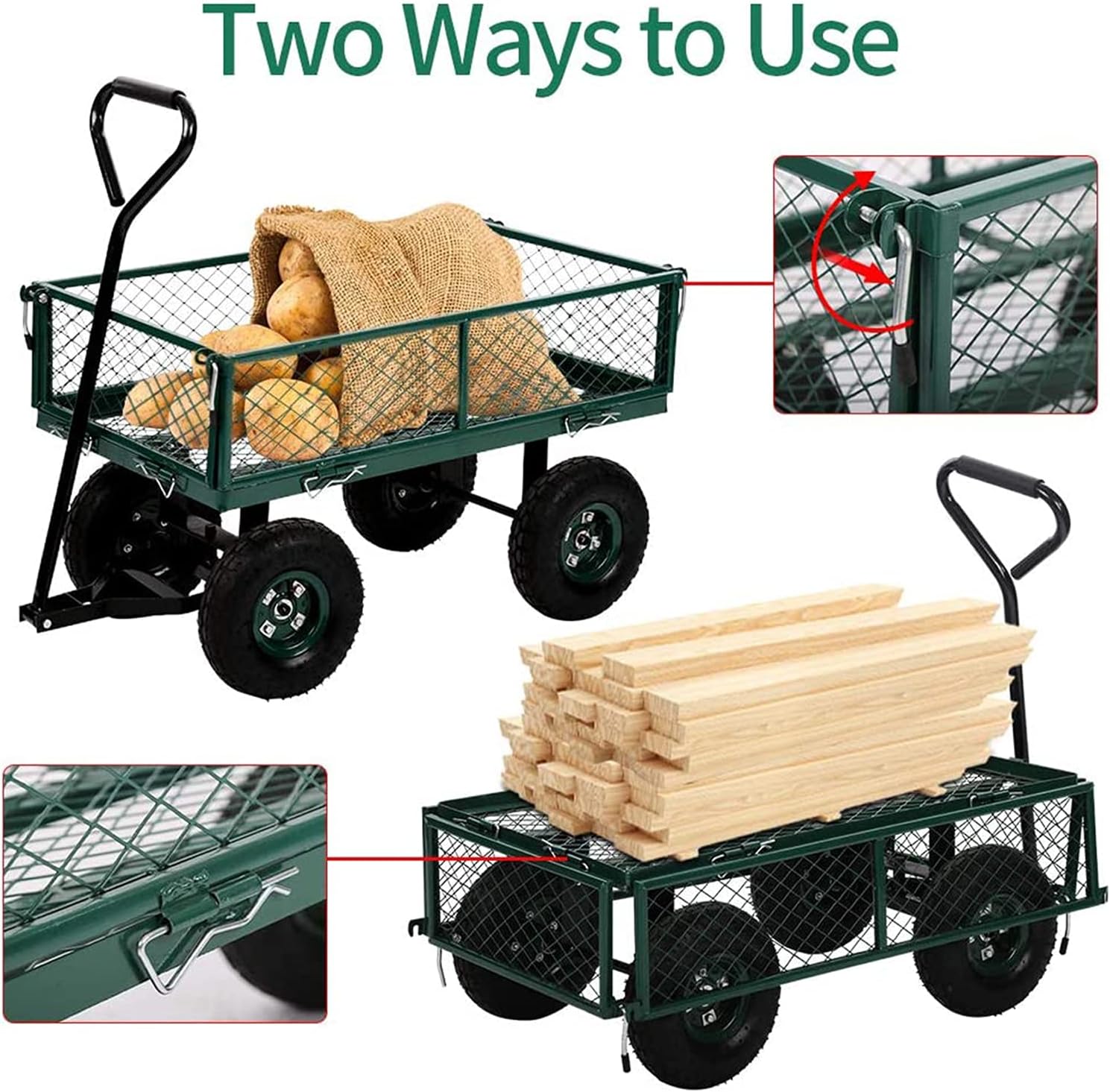 Garden Cart Wagons Heavy Duty Steel Utility Cart Dump Wagon Cart with 10" Pneumatic Tires and Removable Sides Outdoor Garden Carts and Wagons (Green) : Patio, Lawn & Garden