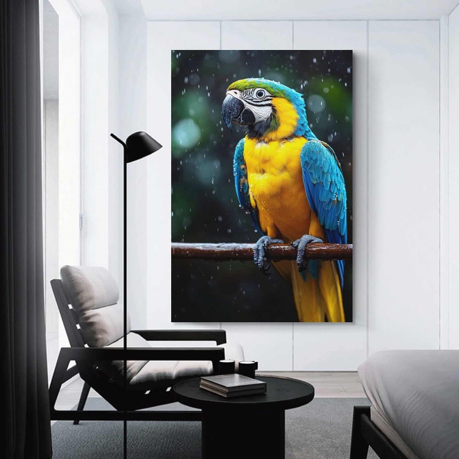 Junmoney Canvas Wall Art Blue And Gold Macaw in The Rain, 20x30inch(50x75cm), for Living Room, Bedroom, Office Or Hallway, Decorative Artwork with Broad Appeal