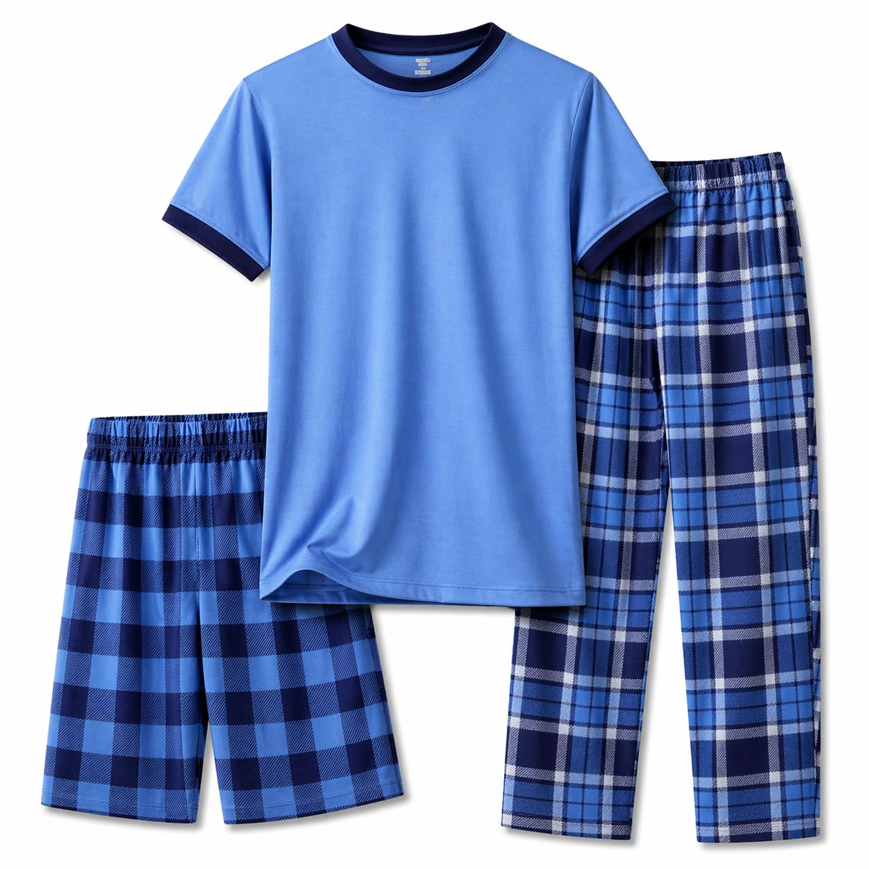 US Angels Boys Pajamas Set | 3-Piece Pant, Shirt, Shorts Sleepwear Pjs for Kids | Loose Fit, Soft, Breathable Blue Plaid