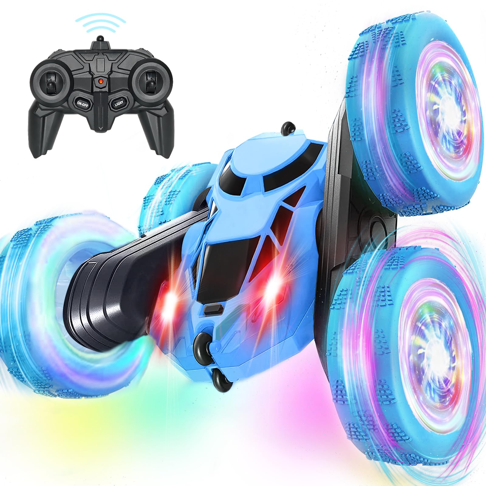 MidiVix Ferngesteuertes Auto, 90 Min Spielzeit, 2.4Ghz Doppelseitig 360° drehbarer RC Crawler mit Scheinwerfern Radlichtern, 4WD Off Road Drift RC Auto Spielzeug Geschenke für Jungen 6-12 Blau