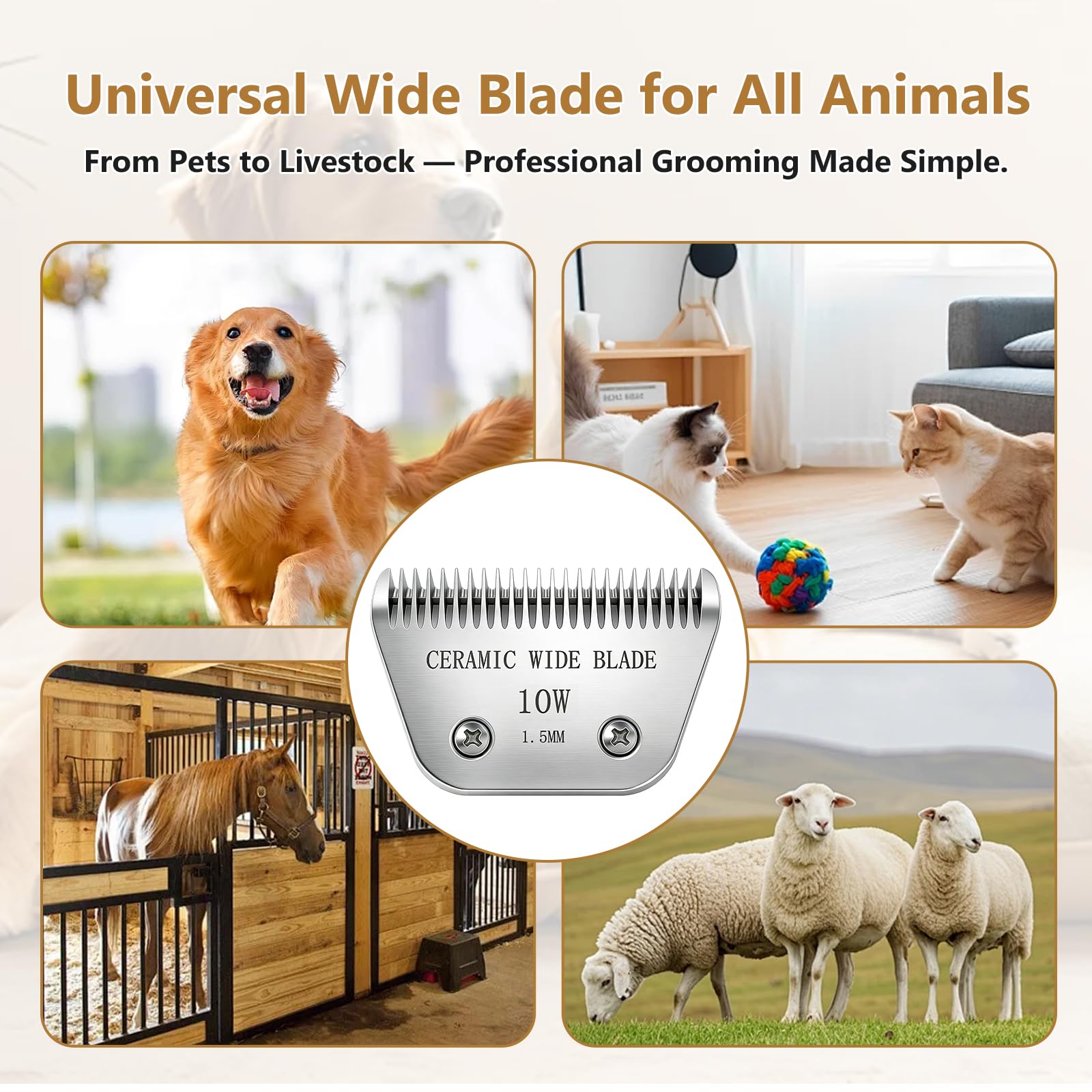 Cuchillas anchas de cerámica de precisión para el aseo de perros, compatibles con Andis, Oster A5, Wahl km10, cuchilla de repuesto para aseo de perros y gatos (10 W (1,5 mm)