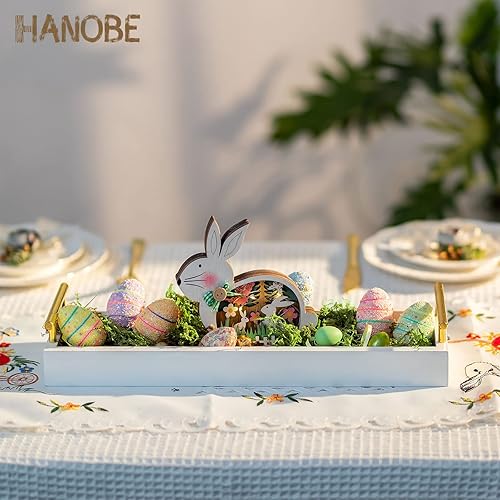 Vista 2 de Hanobe Bandeja rectangular larga y estrecha: bandejas decorativas rectangulares portavelas para decoración del hogar, bandeja blanca para centro