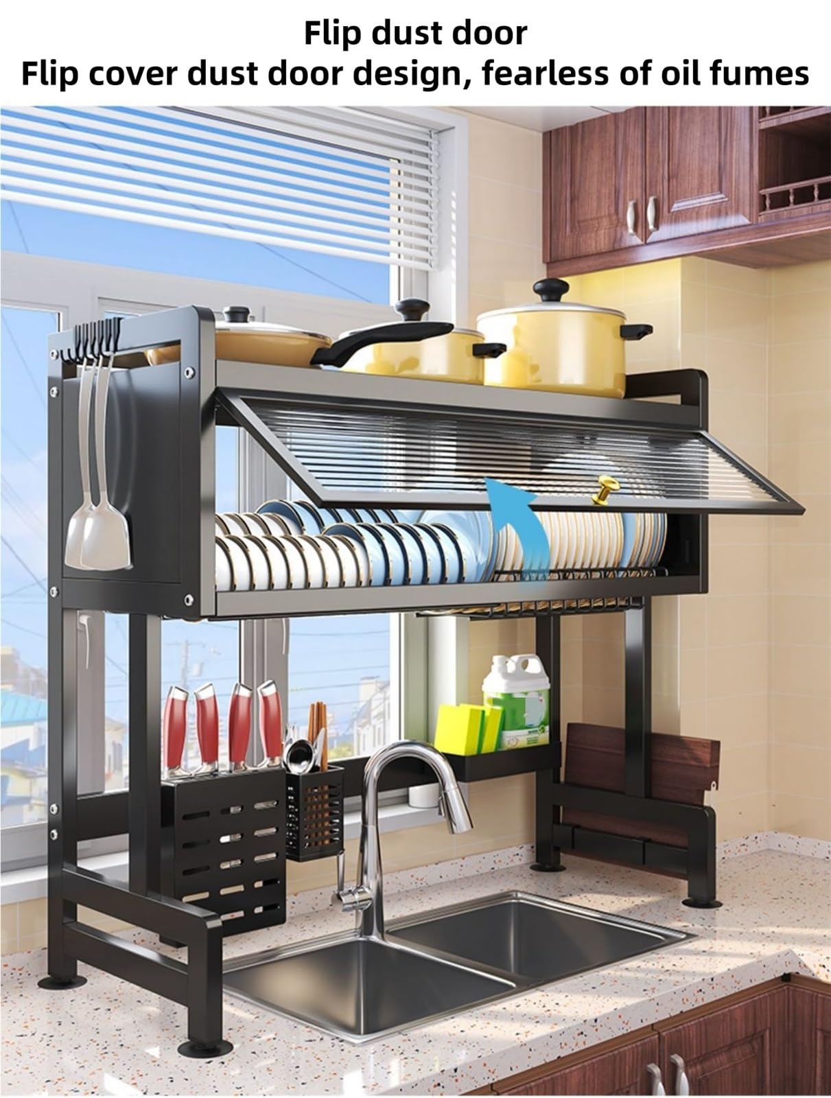 Escurridor de platos de 3 niveles para fregadero – Cocina multifuncional con tapa de gran almacenamiento para platos, diseño resistente (105 cm) – perfecto para espacios de cocina ordenados