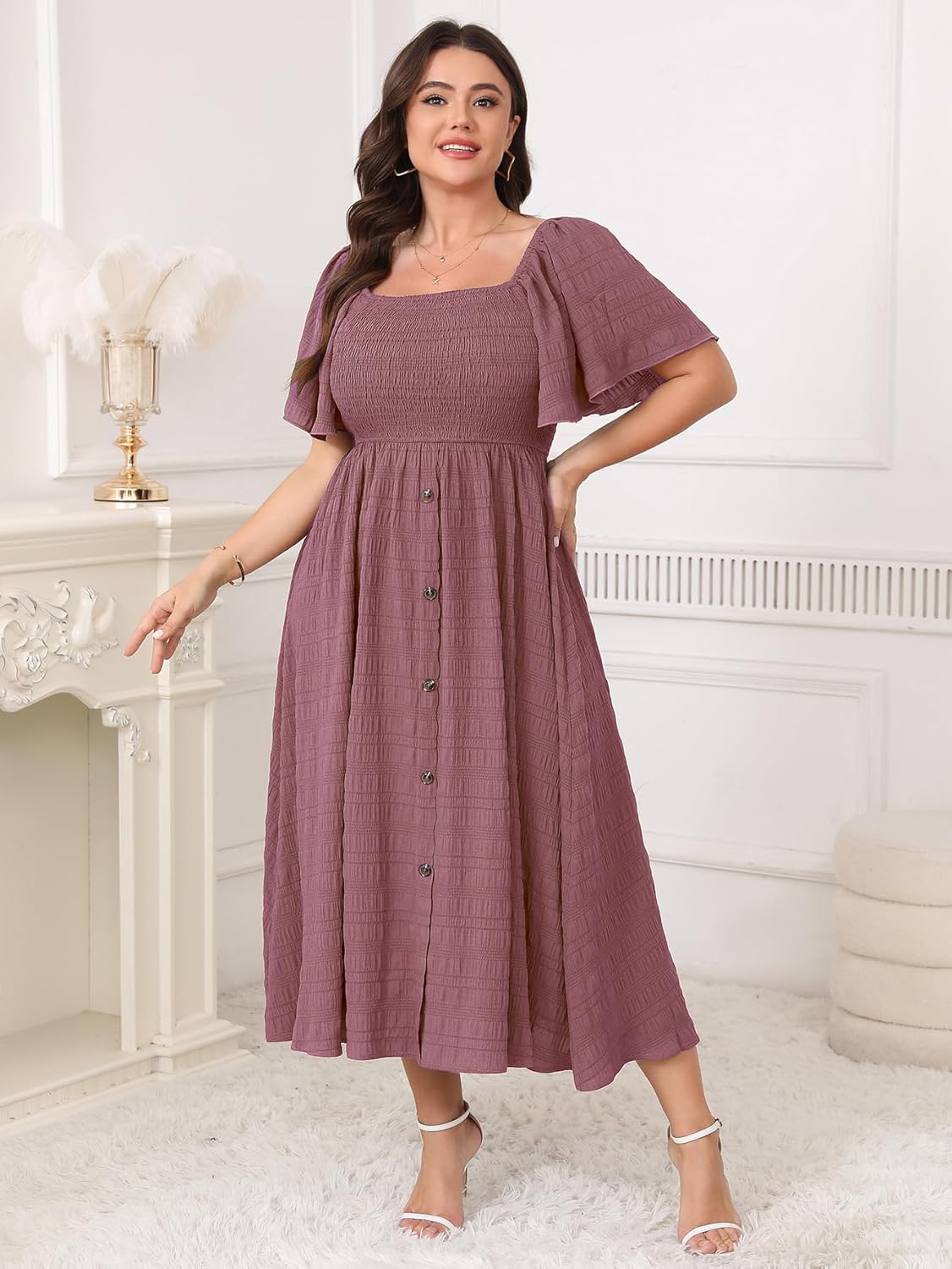 Plus Size Casual Maxi Boho Dress for Curvy Women Short Sleeve Square Neck Smocked Summer Beach Dresses Button Down - Image 5