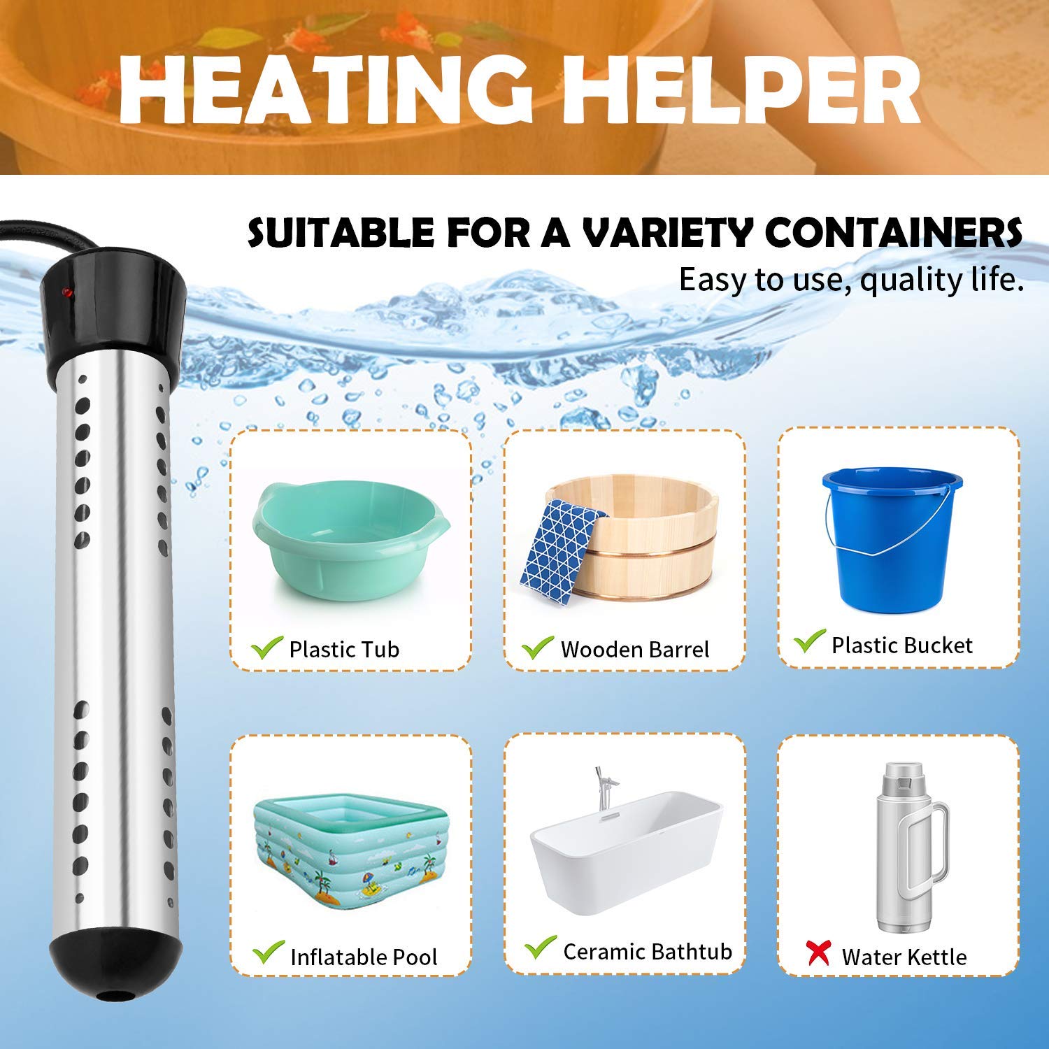 JESTOP Anti-scalding Bucket Heater, Electric Immersion Water Heater with  Digital LCD Thermometer, Stainless Steel Guard Submersible Heater, Rapid  Heating in Minutes - Amazon.com