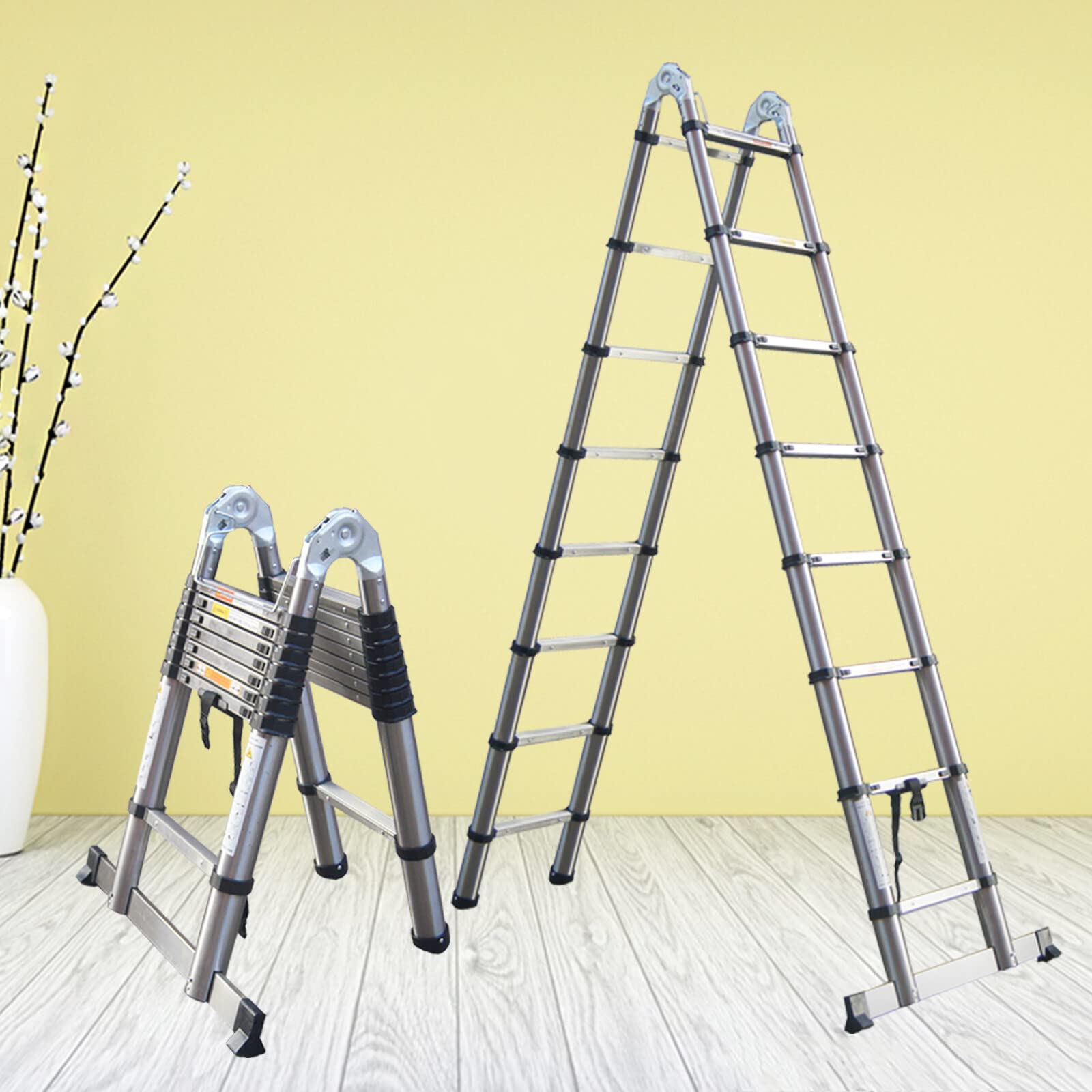 16.5FT/5M Newest Stainless Steel Telescopic Extension Ladder 2-IN-1 Folding A-Frame or Straight Ladder with Hinges Stabilizer Bar Sturdy for Home Apartment Office Shed Warehouse 330lb Max Load