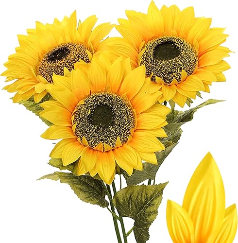 Girasoles artificiales grandes de 9 pulgadas, flores de tallo largo, girasol artificial de 33 pulgadas de alto, girasoles de seda gigantes con tallo