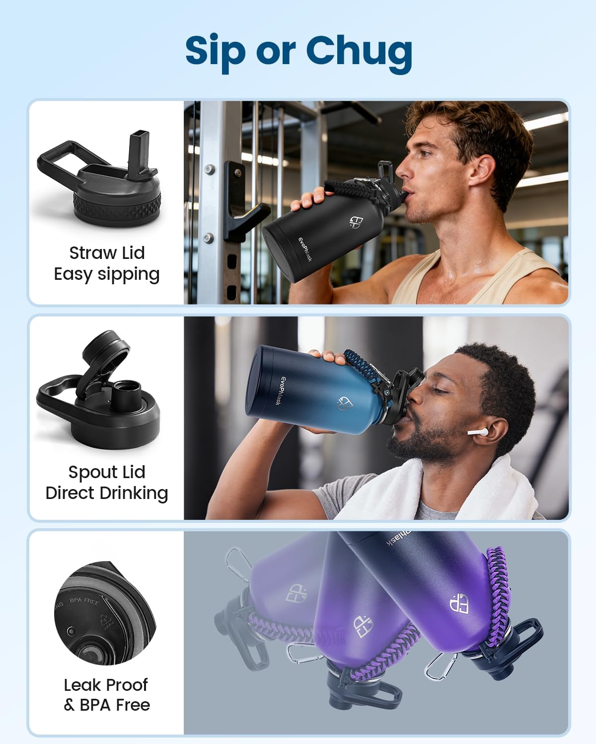 64 oz Insulated Water Bottle(Cold for 48Hrs), Large Stainless Steel Water Bottle BPA Free, Leak Proof Half Gallon Water Jug for Sport, Hiking, Camping, Travel, Indigo Black - Image 4