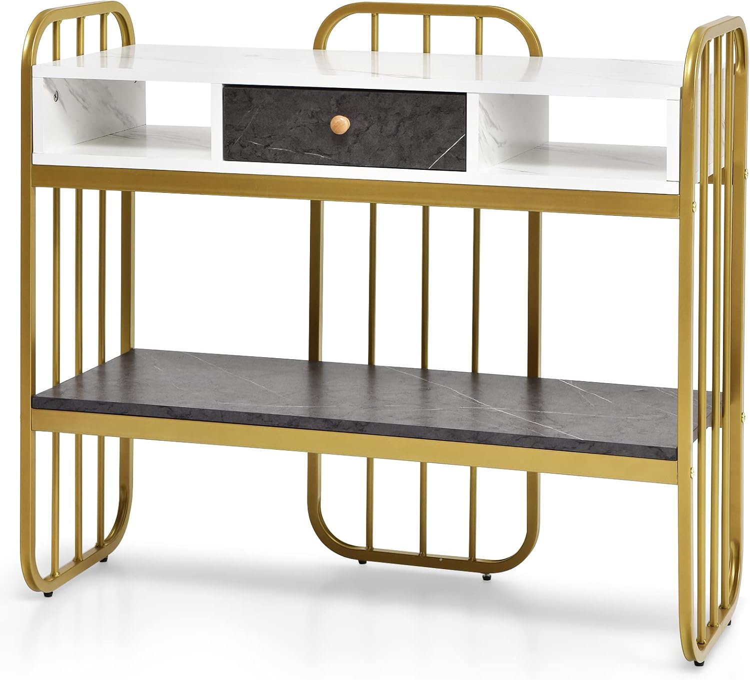 Giantex Console Table for Entryway, Sofa Table with Drawer, Storage Shelf, Metal Frame, Narrow Long Sofa Side Tables for Living Room, Dining Room, Kitchen, Faux Marble Entryway Table (Gold)