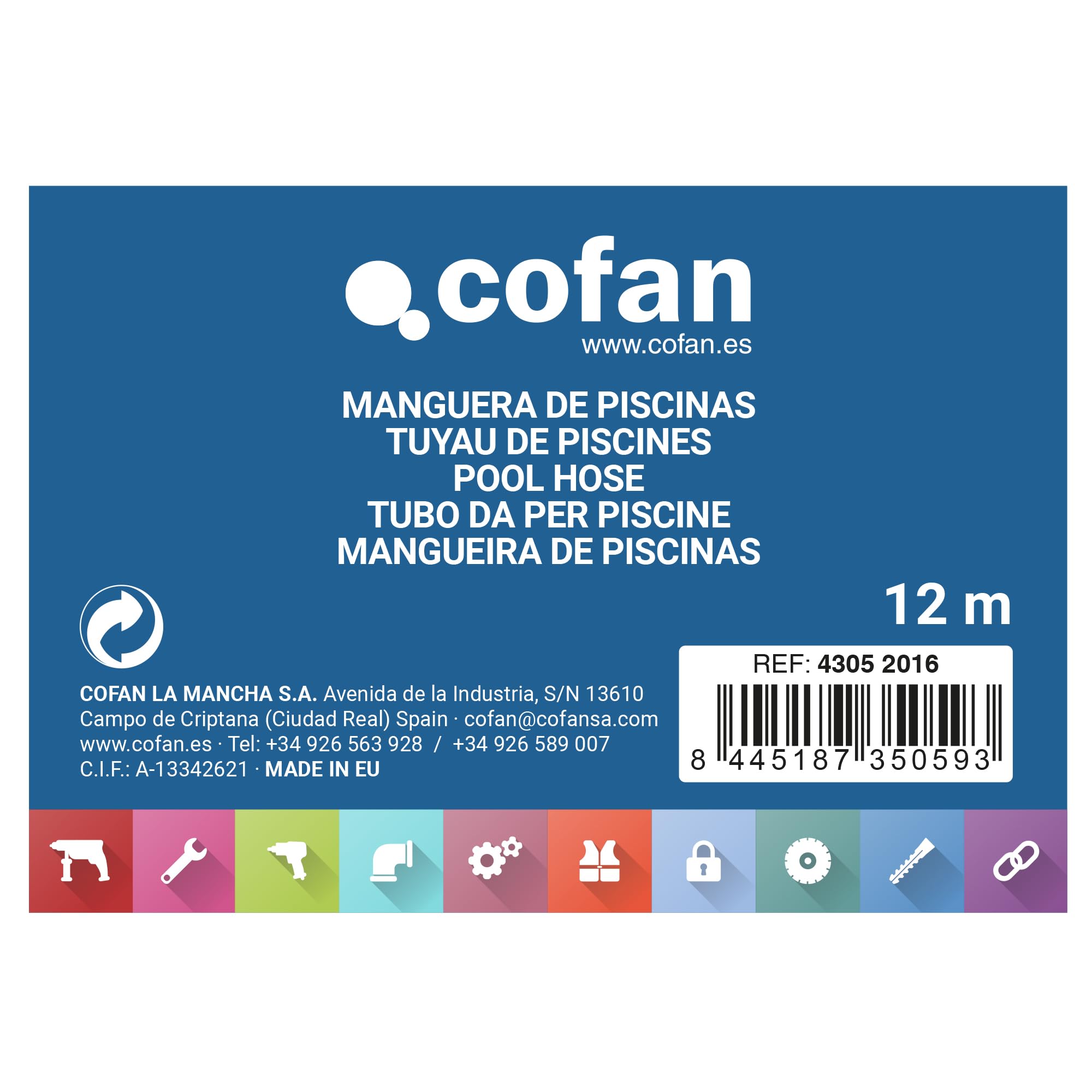 Cofan Tuyau auto-flottant bleu très flexible pour piscine | Diamètre du tuyau Ø 3,8 cm et 12 mètres de longueur | Équipé de terminaux