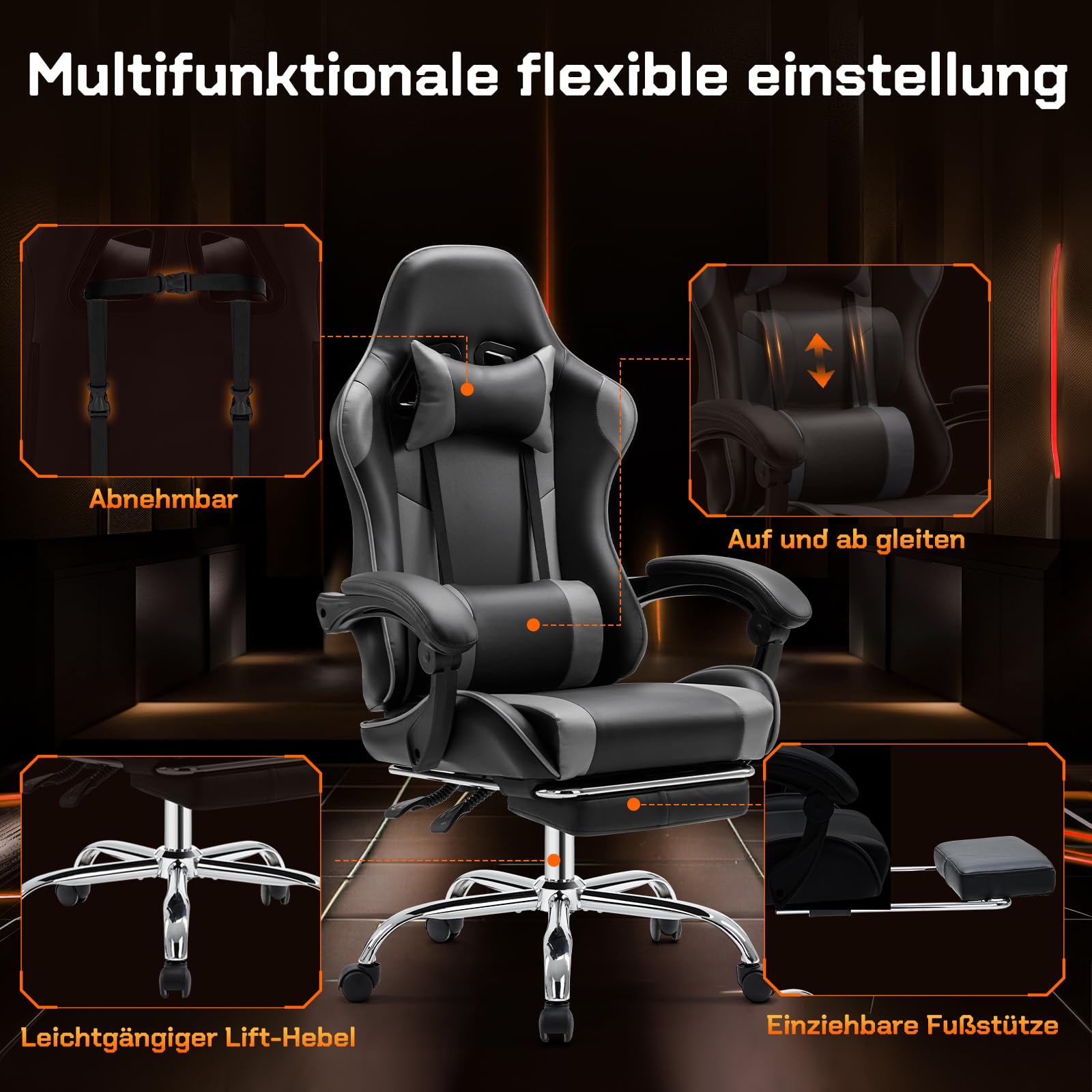Sweetcrispy Gaming Stuhl,Ergonomischer Bürostuhl mit Fußstütze,Gamer PC Stühle mit Kopfstütze Lendenkissen,90-150° einstellbar Gaming Chair,Leder Drehbar Schreibtischstuhl Computerstuhl,Grau