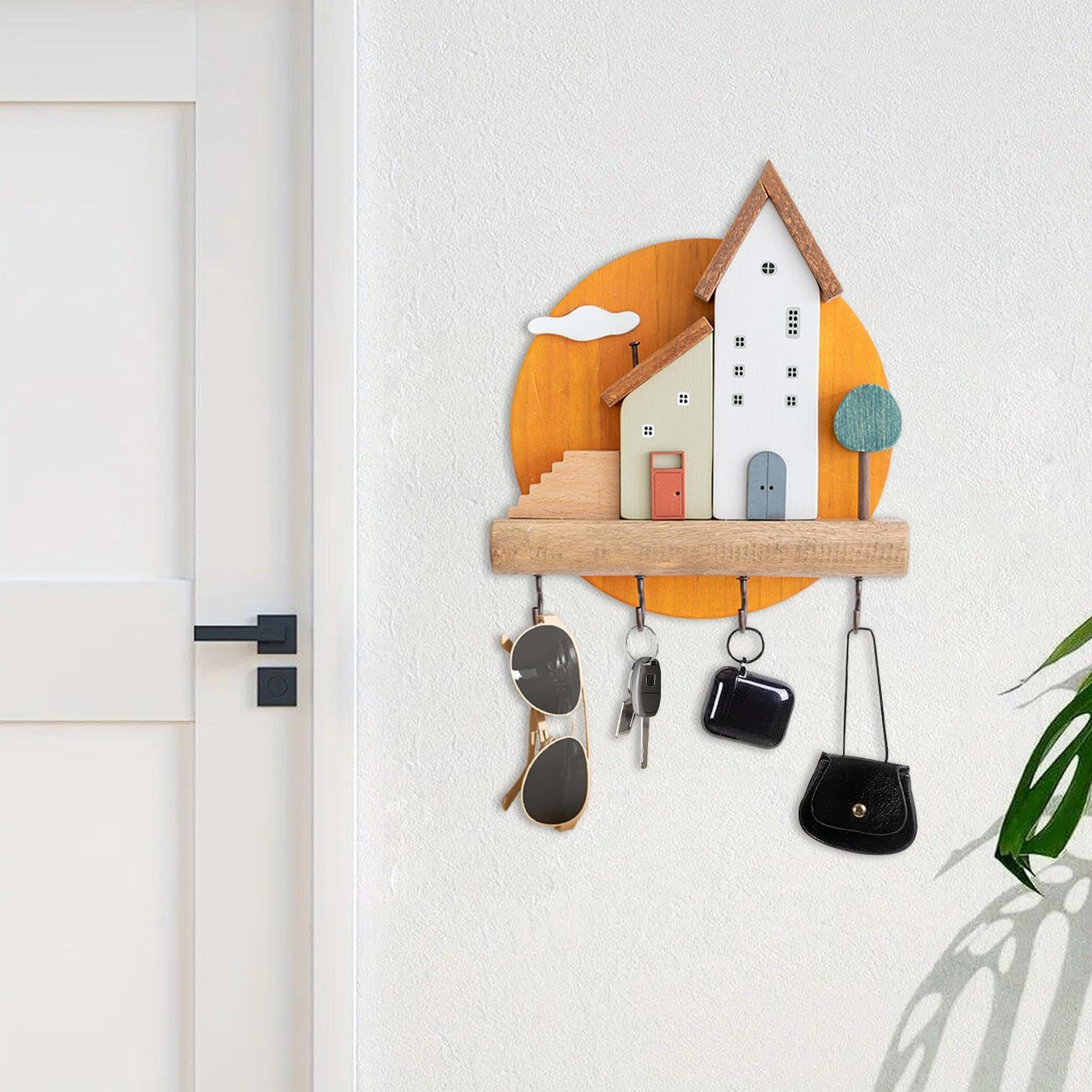 Generisch Porta chiavi montato a parete, grande scaffale portaoggetti da | 20 cm per ingresso, gancio multiuso per l'organizer con 4 ganci, decorativo per chiavi, occhiali