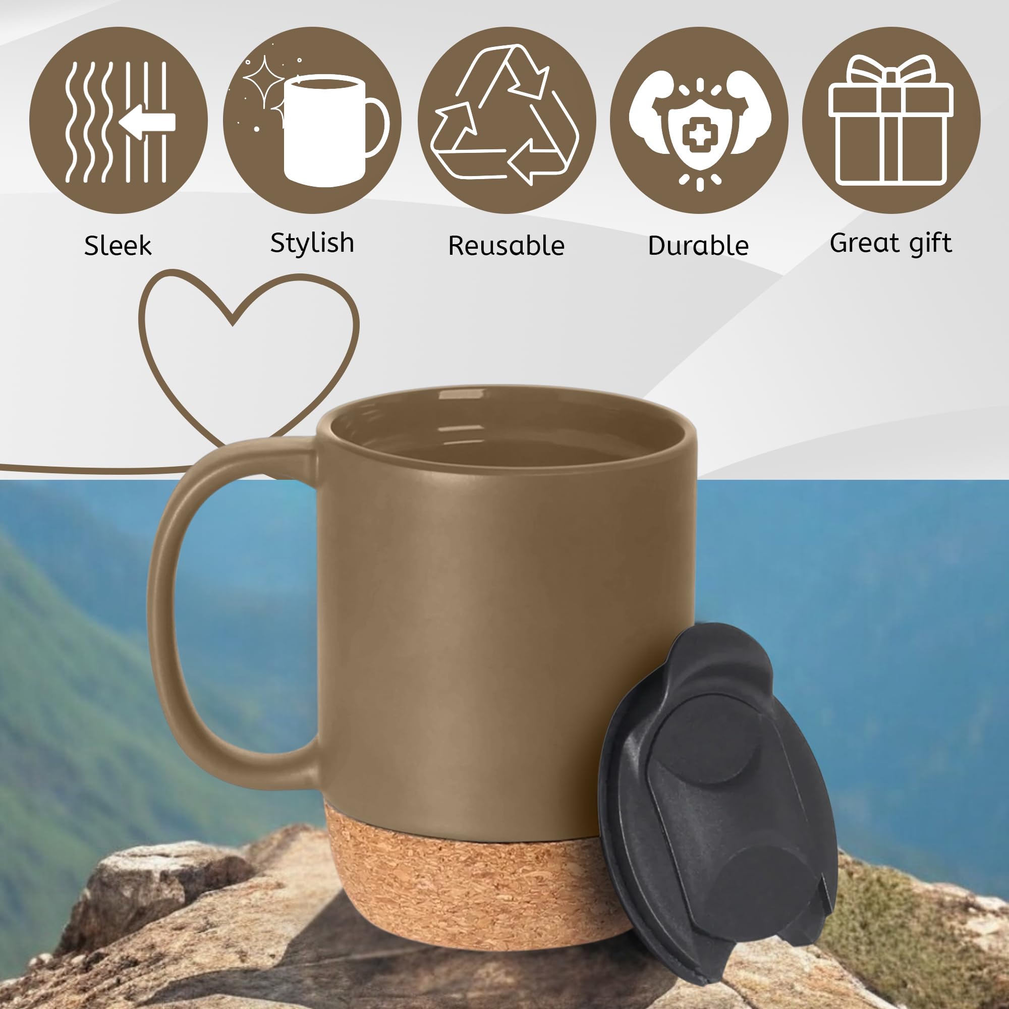 Reusable Ceramic Travel Mug with Handle and Lockable Lid & Heat Proof Cork Base, Spill & Leak Proof, Refrigerator Safe - Image 3