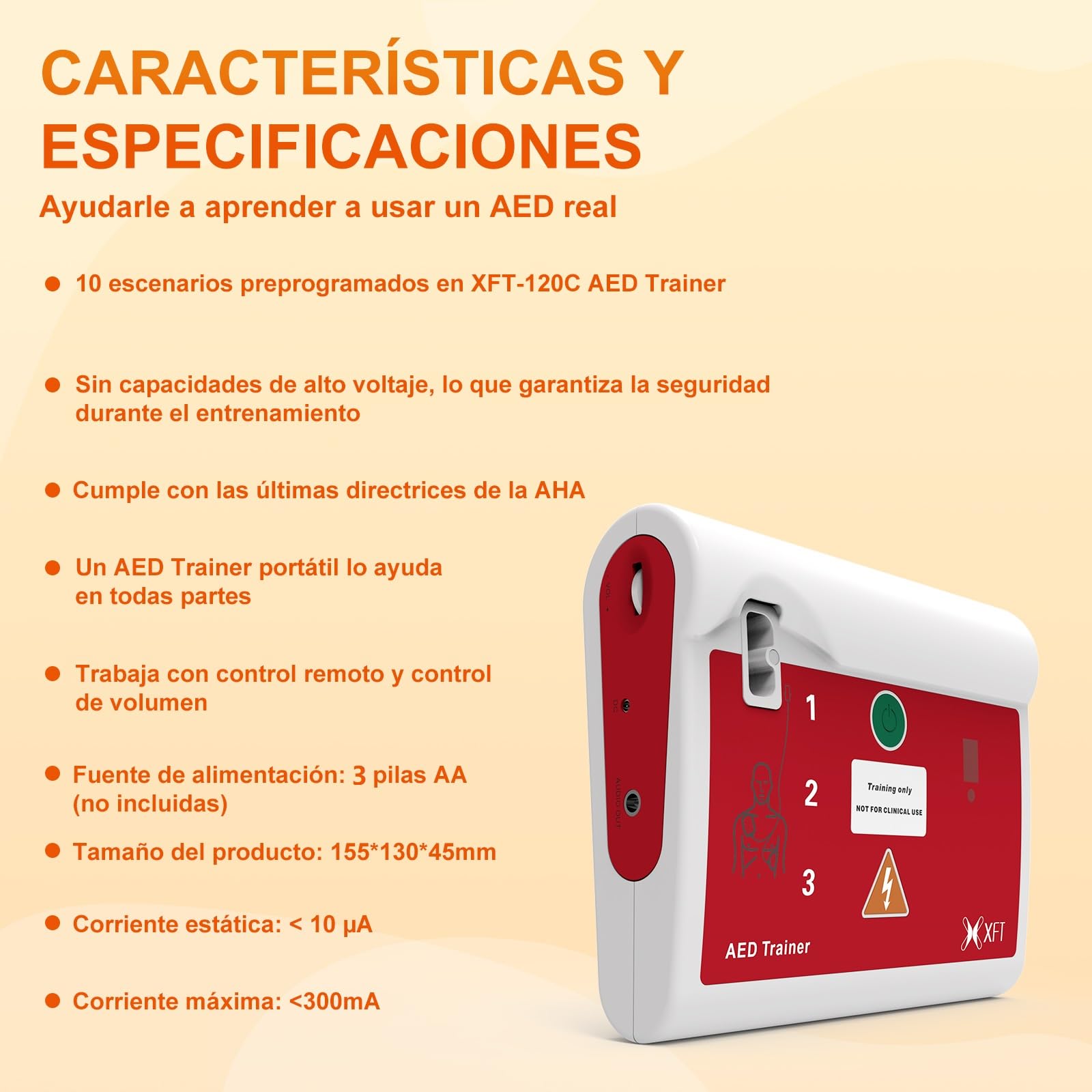 AED Trainer Portátil, XFT-120C Desfibrilador de Entrenamiento, DEA Trainer para Curso de SVB y DEA, Bilingüe Español & Inglés, Desfibrilador Formacion con Control Remoto, 10 Escenarios