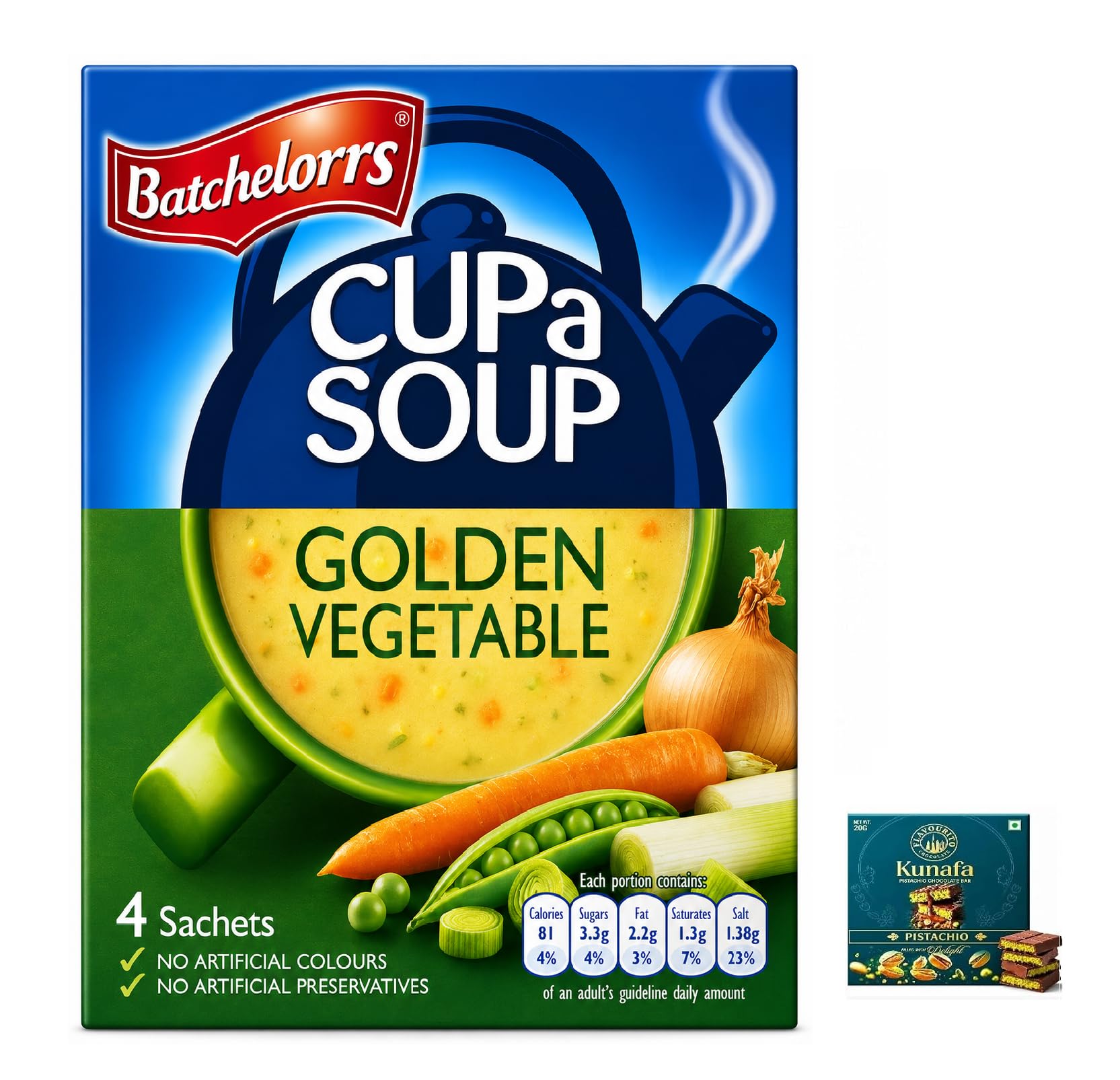 Batchelorrs Cup A Soup Golden Vegetable 4 Sachets 82g With Free Flavourito Kunafa Pistachio Chocolate Bar, 20g By Decadent Foods (Imported UK)-image-36