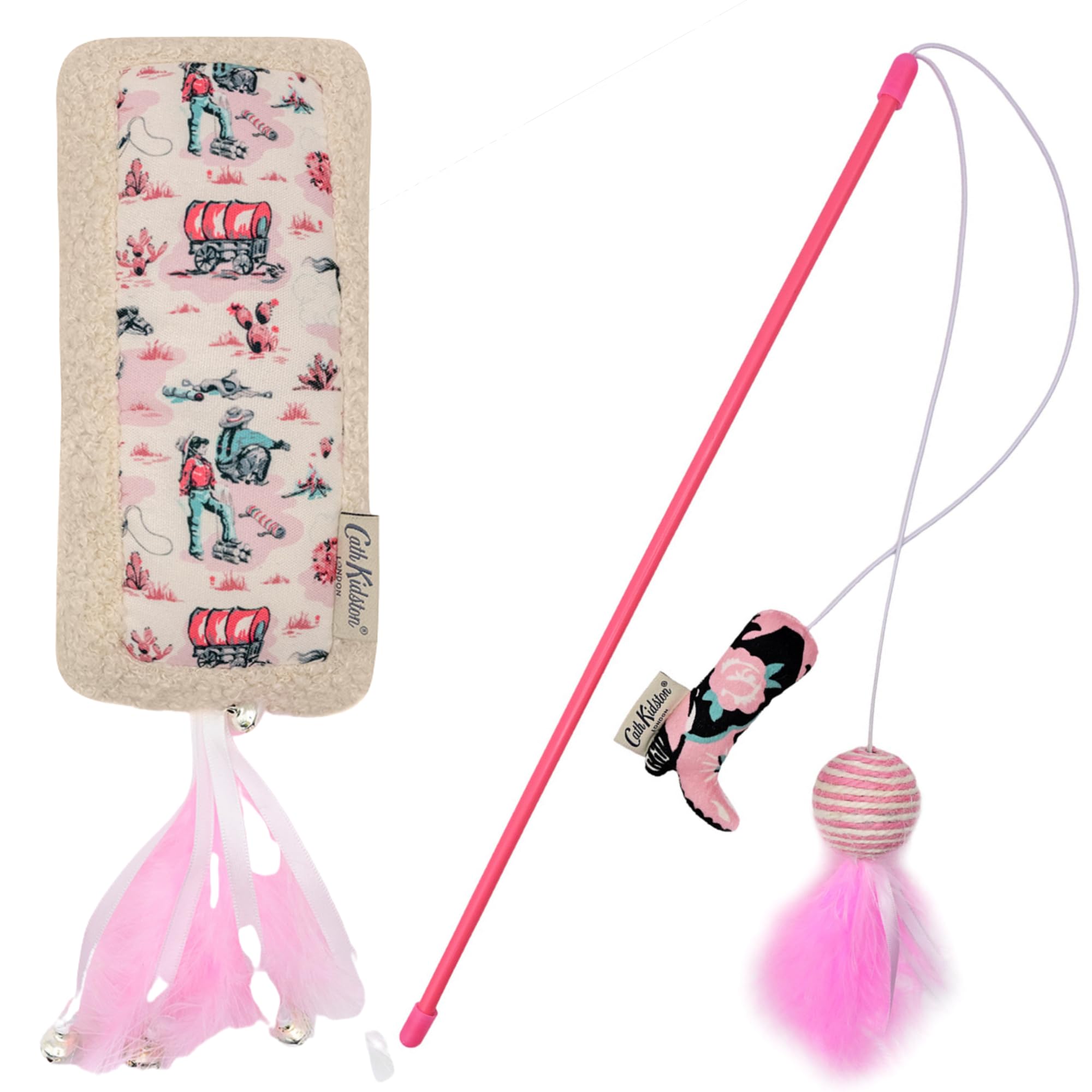 Pet Brands Cath Kidston Interactive Cat Toys 2-Pack – Catnip Infused Toys with Feathers & Bells, Plush Kicker Toy & Cat Teaser Wand for Sensory Play & Enrichment, Cats & Kittens, Cowgirl Collection