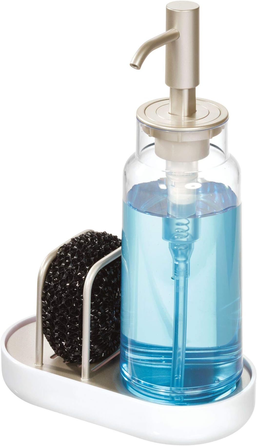 iDesign Austin Plastic Soap Pump Dispenser with Sponge Scrubby Caddy Storage Compartment for Bathroom, Kitchen Countertops, 6" x 3.21" x 9.17"-Matte Satin
