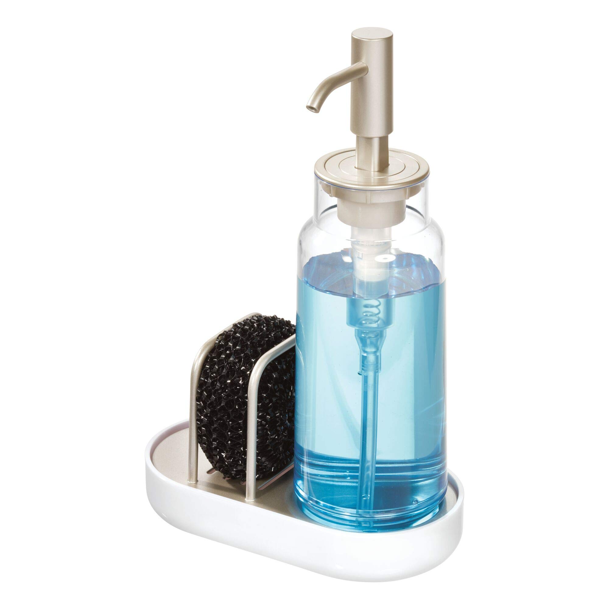 iDesign Austin Plastic Soap Pump Dispenser with Sponge Scrubby Caddy Storage Compartment for Bathroom, Kitchen Countertops, 6" x 3.21" x 9.17"-Matte Satin
