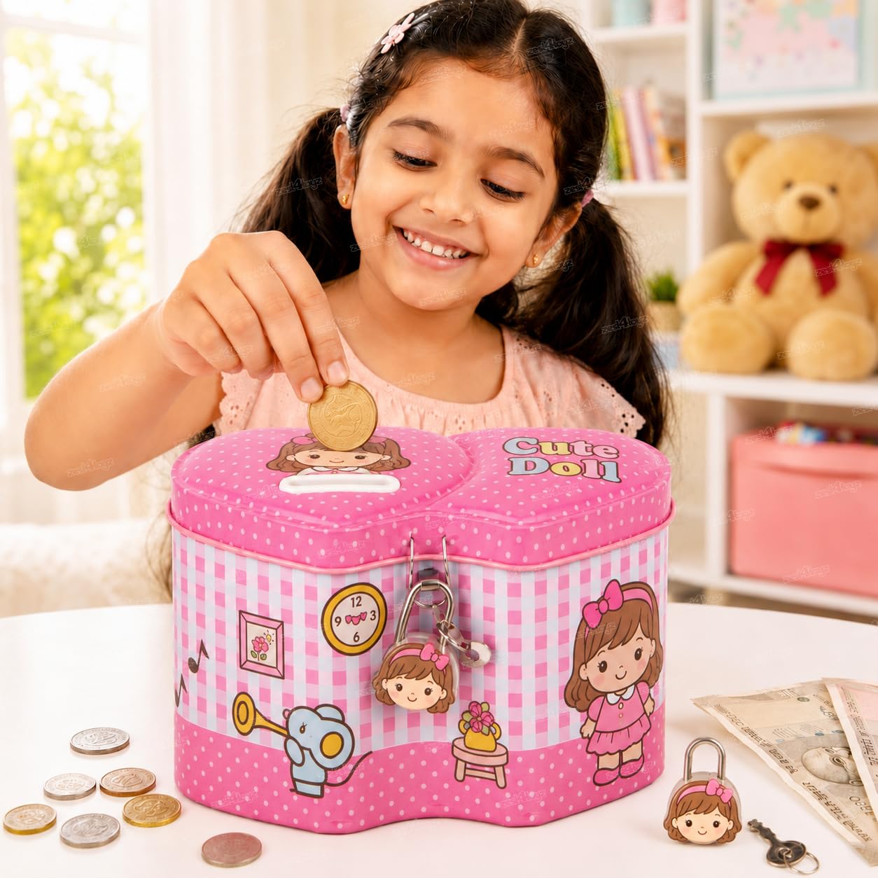 Zest 4 Toyz Money Bank for Kids Metal Piggy Bank with Lock N Key Money Saving Box Gullak Money Box Coin Bank Kids Cash Box Return Gifts (Random Design)-image-13
