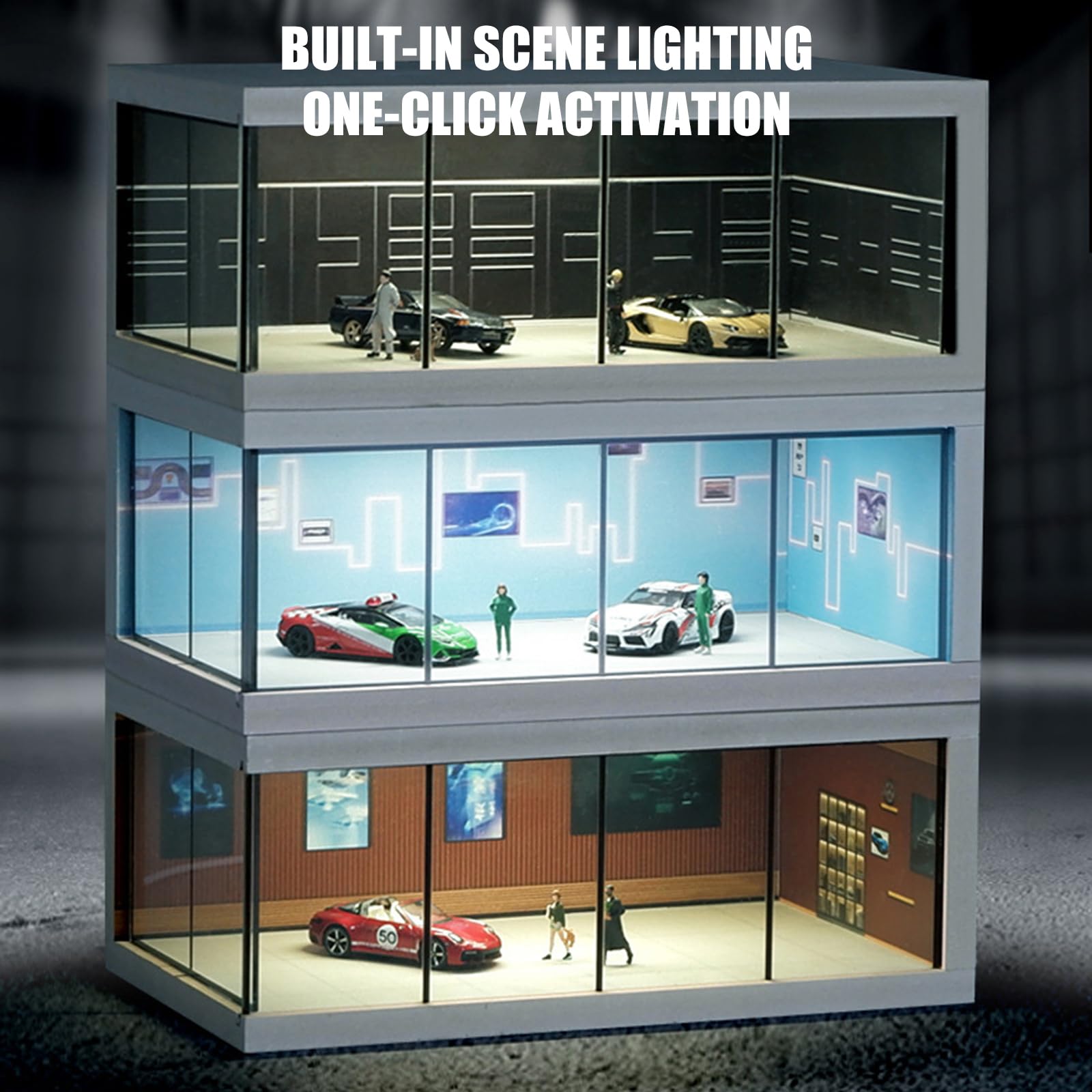 Vitrine für Modellautos aus Druckguss Maßstab 1: 64 mit LED Licht und Acrylabdeckung, Szene, Parkplätze, Dioramen, Aufbewahrung, Garage, Box, Szene, Parkplätze, Dioramen