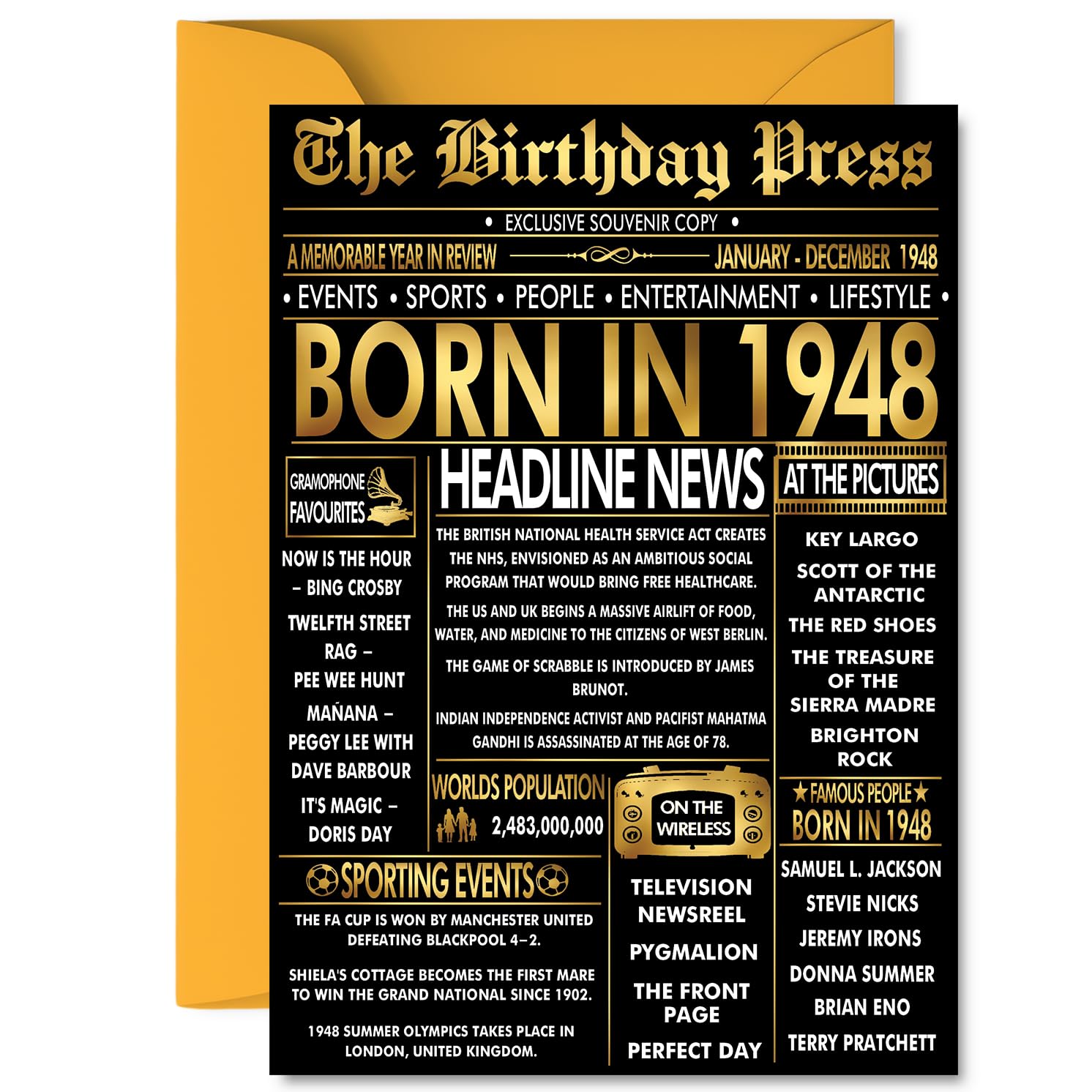 Gold 78th Birthday Card for Men Women - Black & Golden Newspaper Born in 1948 - Happy 78 Birthday Cards for Brother Sister Grandma Auntie Nan Cousin, A5 Bday Greeting Cards
