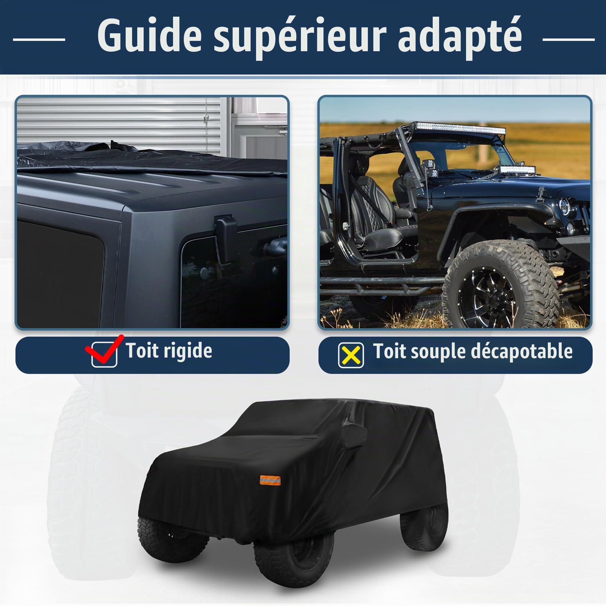 X AUTOHAUX Housse de Voiture SUV Compatible avec Jeep Wrangler JK JL 2 Portes 2007-2021 Protection Extérieure Imperméable au Soleil, à la Pluie, à la Poussière, au Vent et à la Neige 210D Oxford Noir
