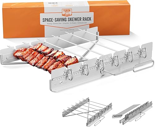 Yukon Glory Estante para brochetas de barbacoa para asar Shish Kebob y pinchos, acero inoxidable plegable duradero con 6 pinchos