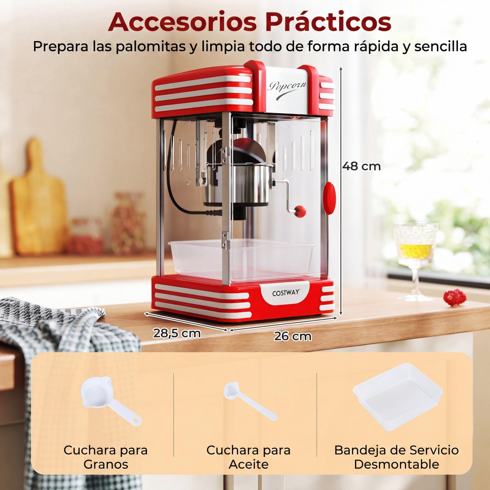 COSTWAY 300 W Palomitero Eléctrico Antiguo, Máquina de Palomitas Sobremesa con Luz Halógena, Olla de Acero Inoxidable, Cucharas para Granos y Aceite, Bandeja de Servicio, Rojo