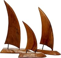 Deco79 Handmade Teak Wood Sailboat Sculptures Set of 3 Coastal Decor Statues 20" 17" 13" Brown