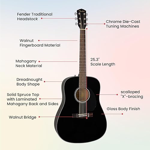 Miniatura 8 de Fender Dreadnought - Guitarra acústica - Paquete negro con estuche, afinador, correa, cuerdas, devanador de cuerdas, púas y DVD instructivo