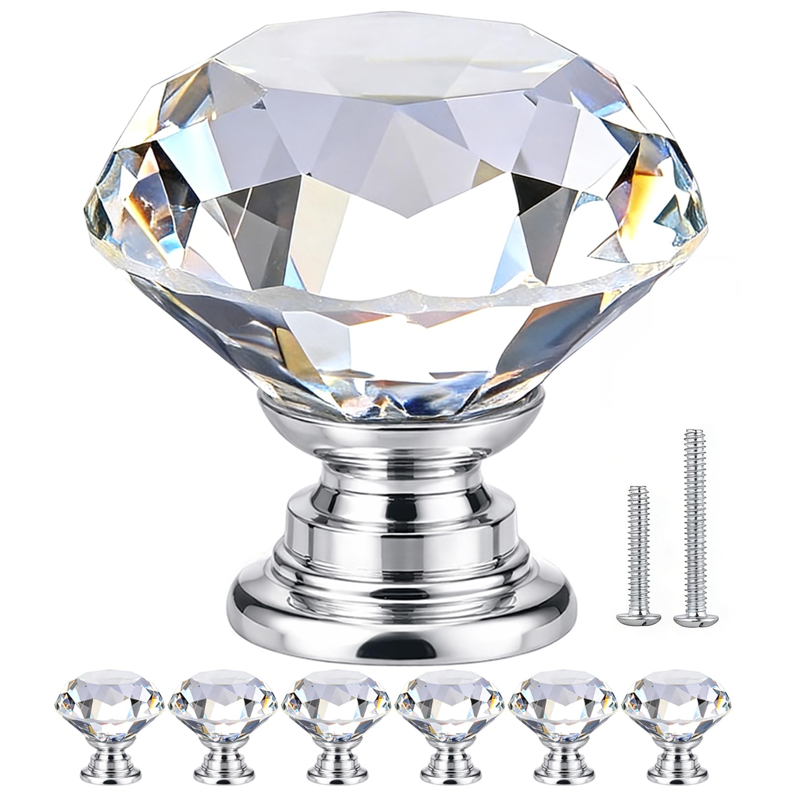 OAMCEG 6 Pack Crystal Glass Drawer Knobs, Diamond Cabinet Handles, Clear Faceted Glass Knobs for Cupboards, Drawers, Wardrobes and Bedside Tables, Silver