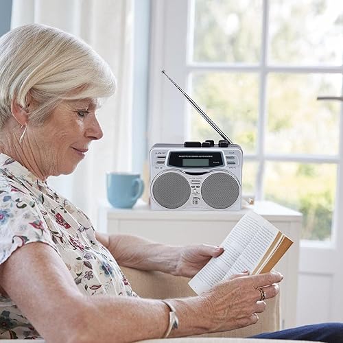 Miniatura 4 de Reproductor de casete retro, grabadora de radio AM FM con altavoz integrado y conector para auriculares, temporizador de reloj digital, función de