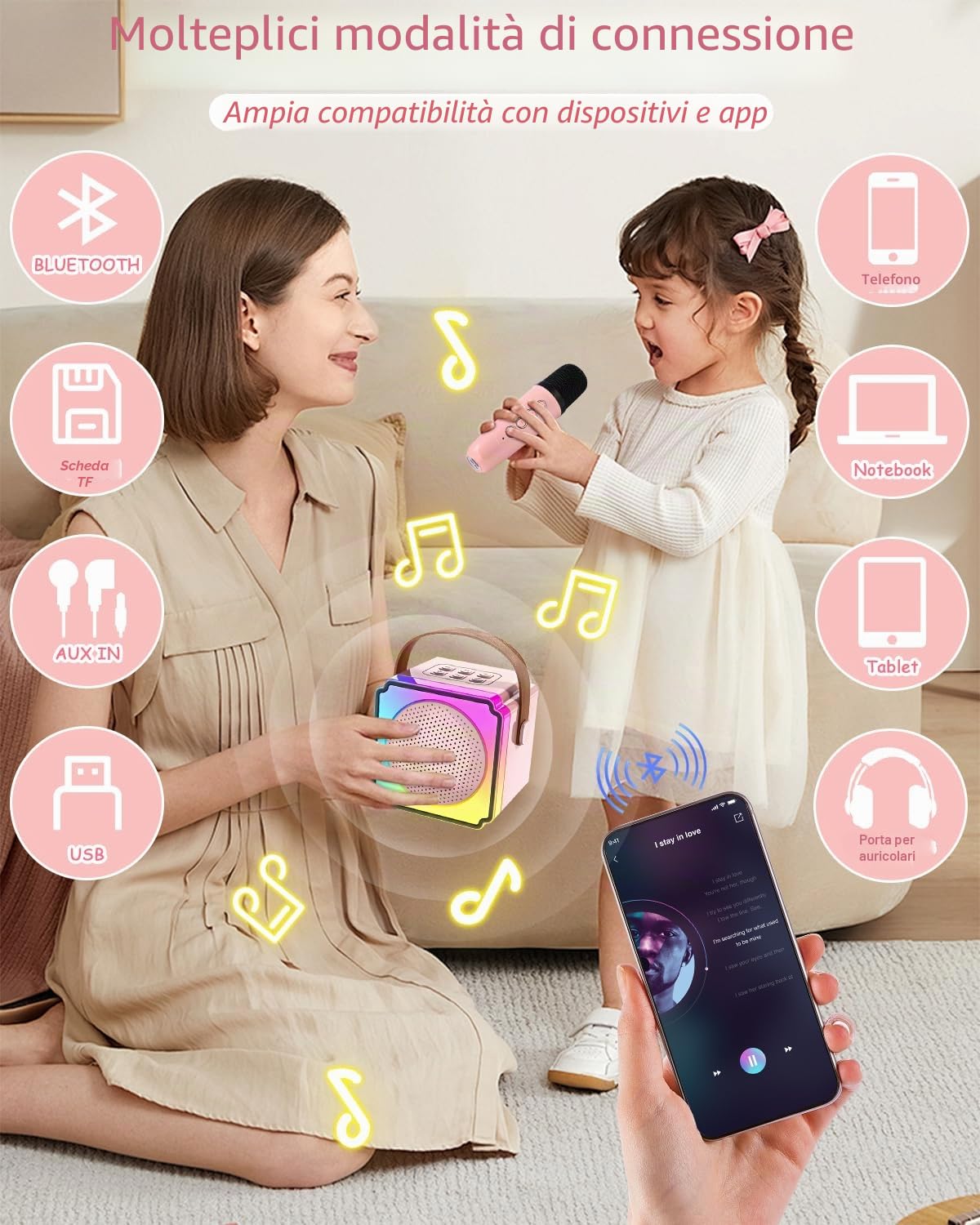 Azyvum Karaoke per Bambini con 2 Microfoni Senza Fili Bluetooth, Macchina Karaoke Portatile con Luce LED ed Effetti di Cambio Voce, Regalo Bambina 3-12 Anni, Ragazzi e Ragazze