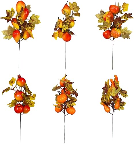 Miniatura 6 de 6 palillos florales de otoño, hojas de arce artificiales de 9.4 pulgadas, tallos de calabaza, bayas, tallos de calabaza para jarrones, selecciones